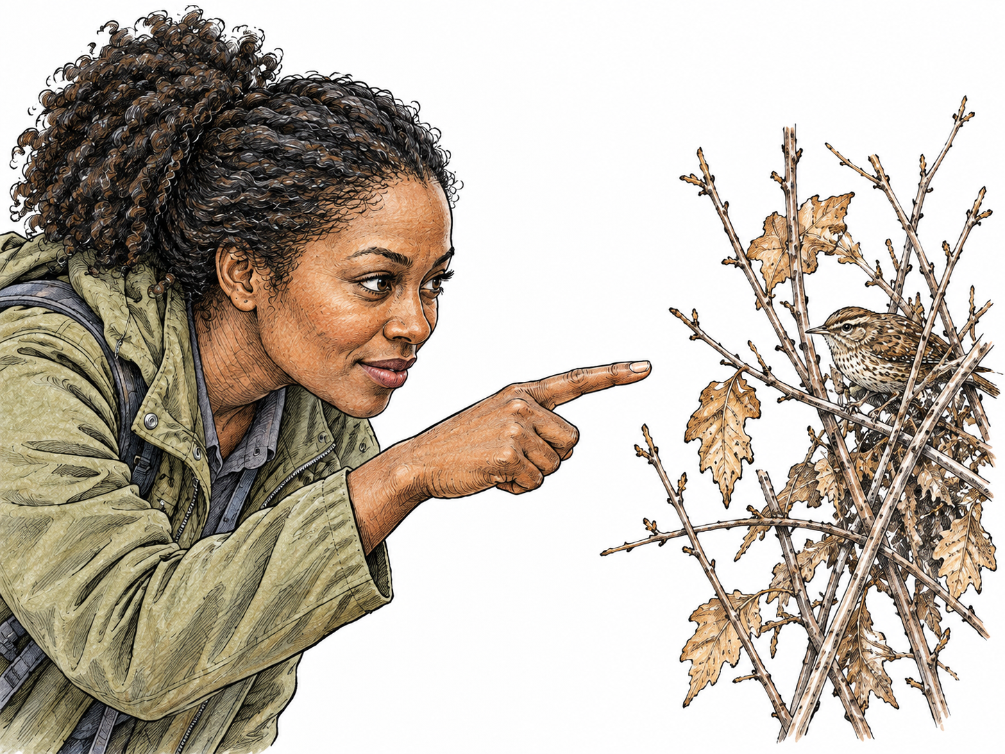 Birdwatcher with keen eyes detects a tiny camouflaged brown bird in twigs and points precisely toward it; a compact field view establishes visual acuity, no binoculars required.