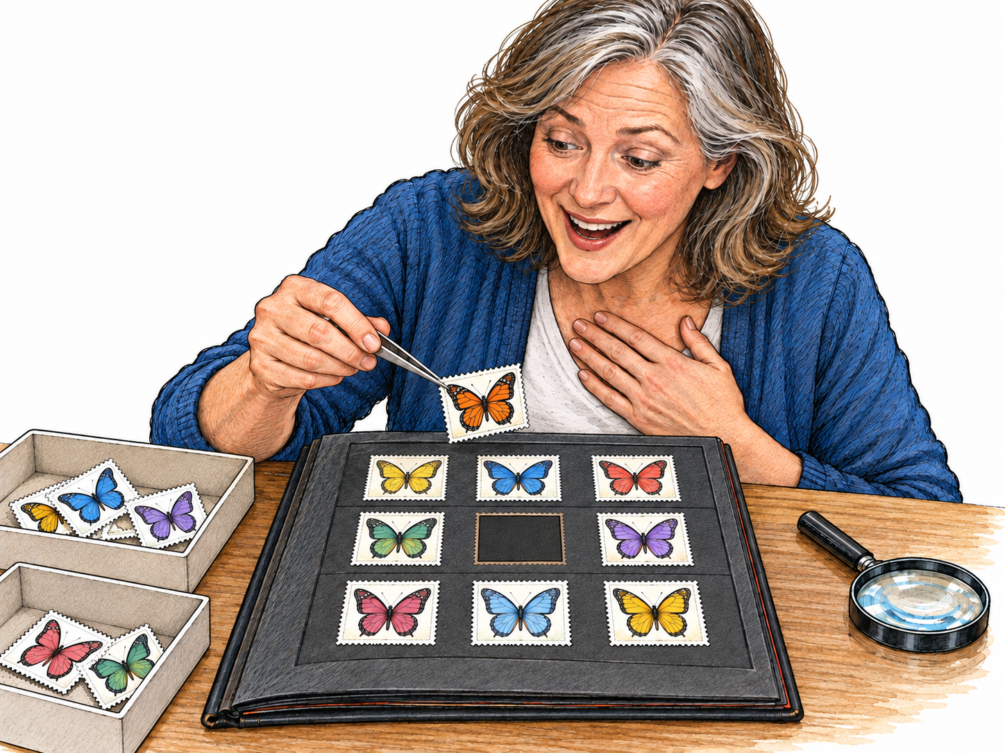 A stamp collector discovers the coveted stamp that completes her collection: she holds it reverently above the only empty space in an otherwise filled album, visibly delighted, with searched-through stamp trays beside her.