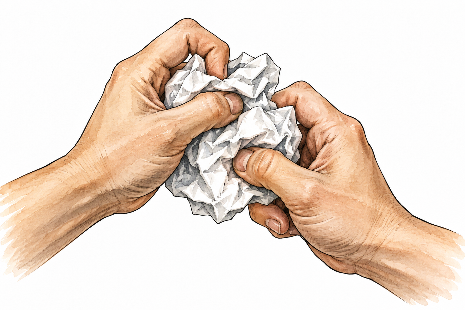 Hands squeeze paper into a compact wrinkled ball.