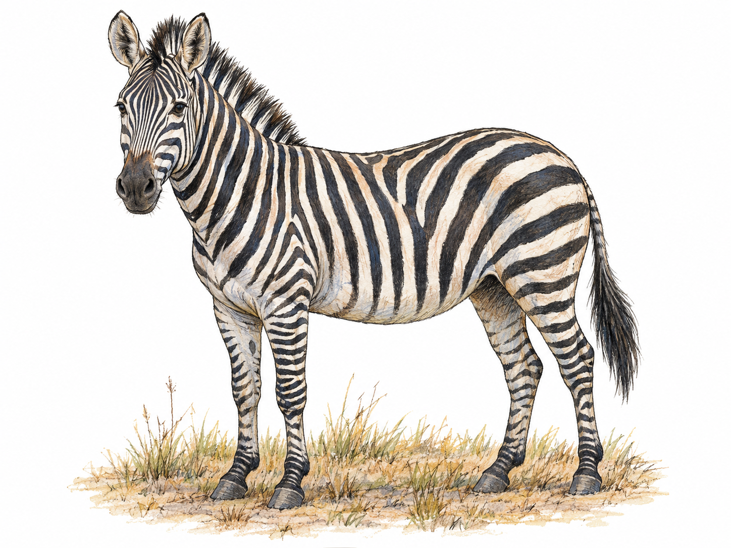 A single adult zebra standing in three-quarter side view on a small patch of dry African grassland, with its black-and-white stripes, upright mane, and horse-like build clearly visible.