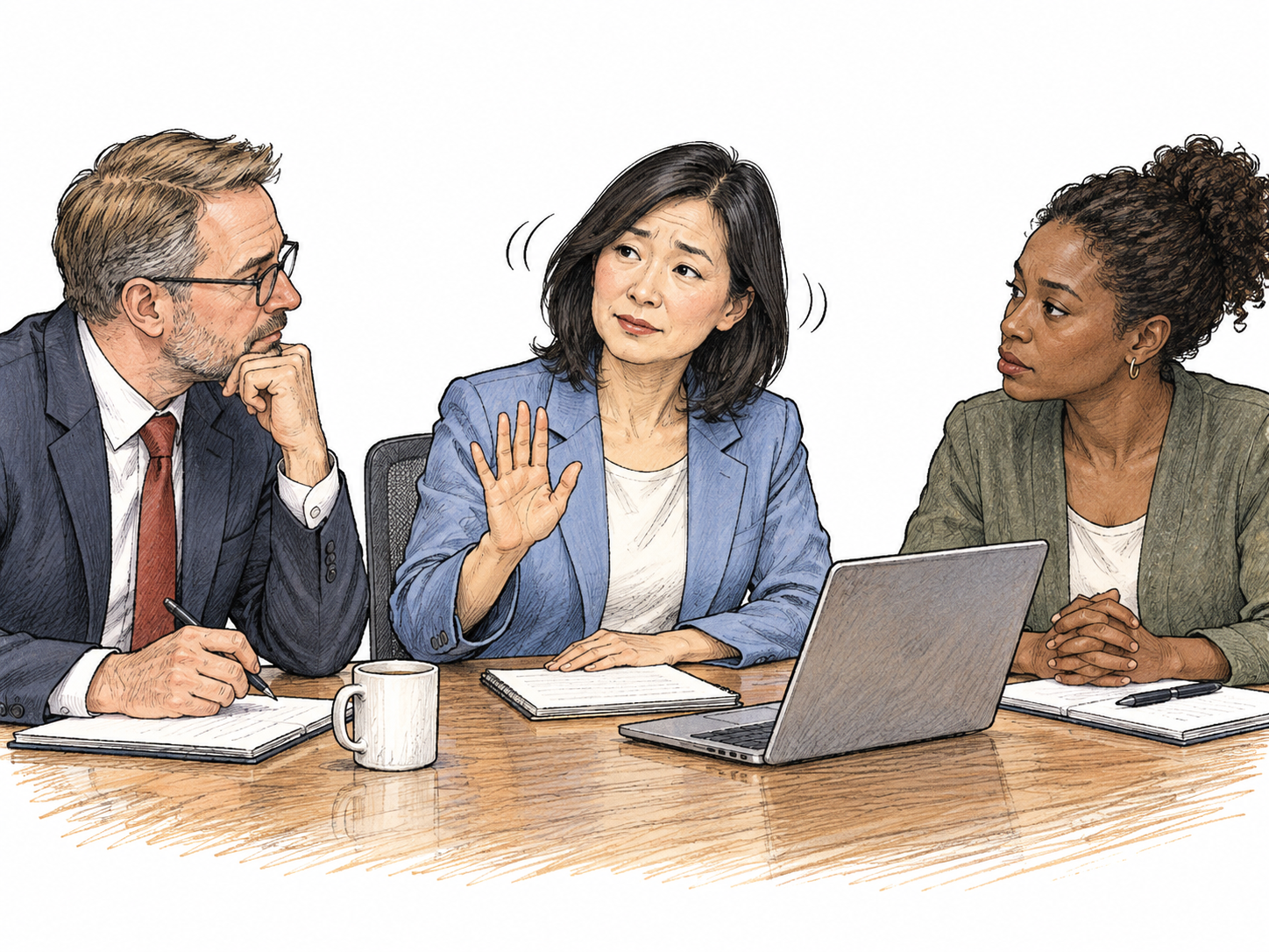 At a meeting an adult politely raises an open hand and gently shakes their head while others pause to listen; respectful objection, not confusion alone.