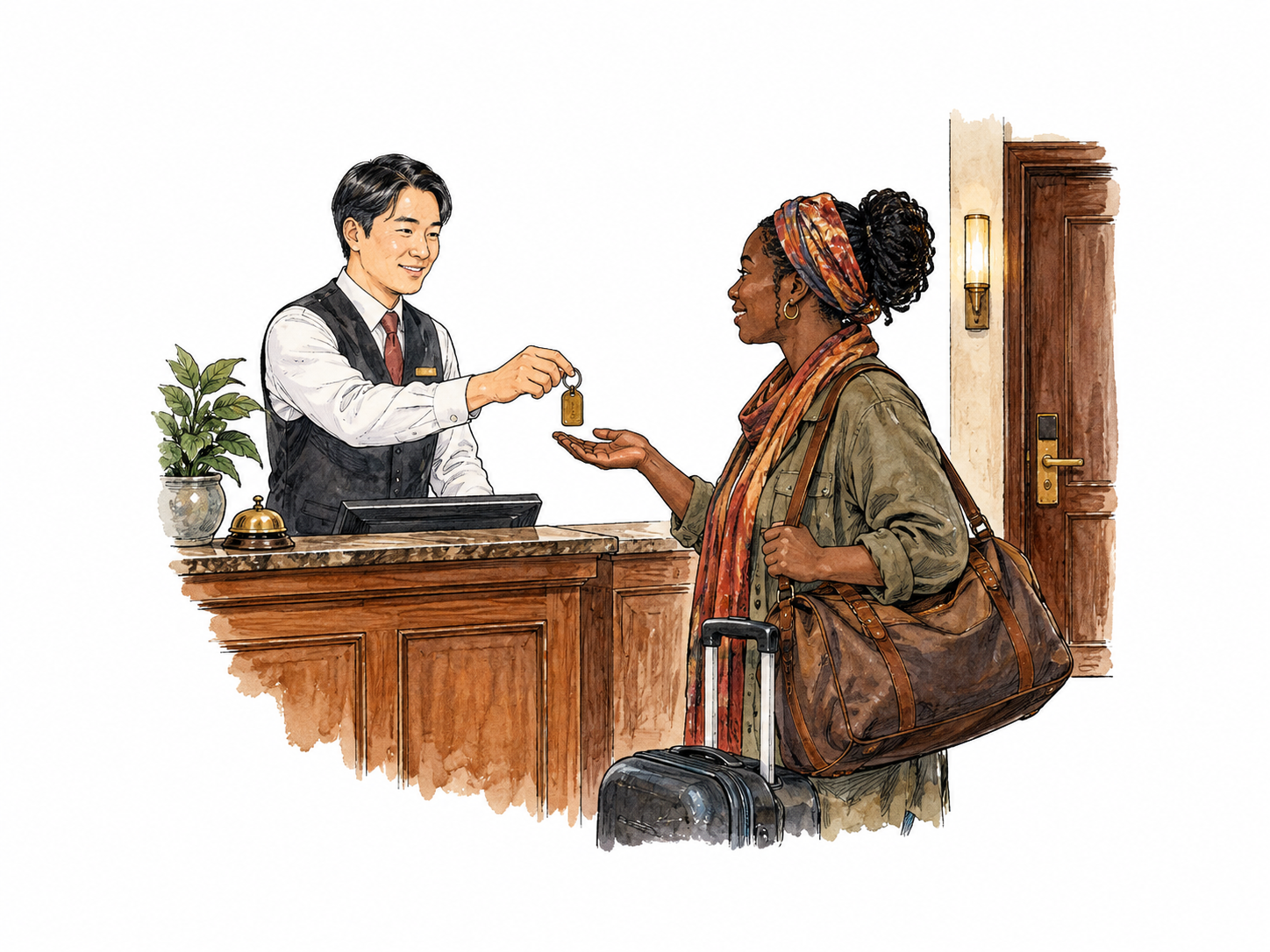 Hotel front desk clerk offers a room key to arriving traveler, luggage and small room-door fragment, no branding or signs.
