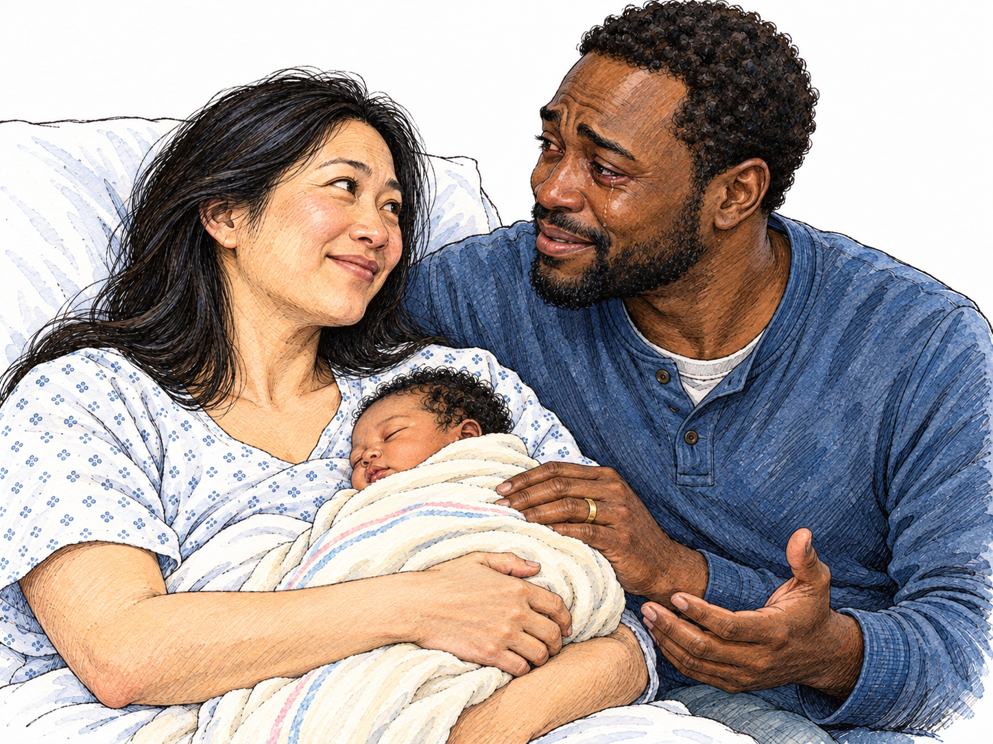 Overwhelmed by meeting his newborn, a father turns toward the mother but can only offer a tearful, open-handed gesture: an intensely joyful experience that leaves him without words.