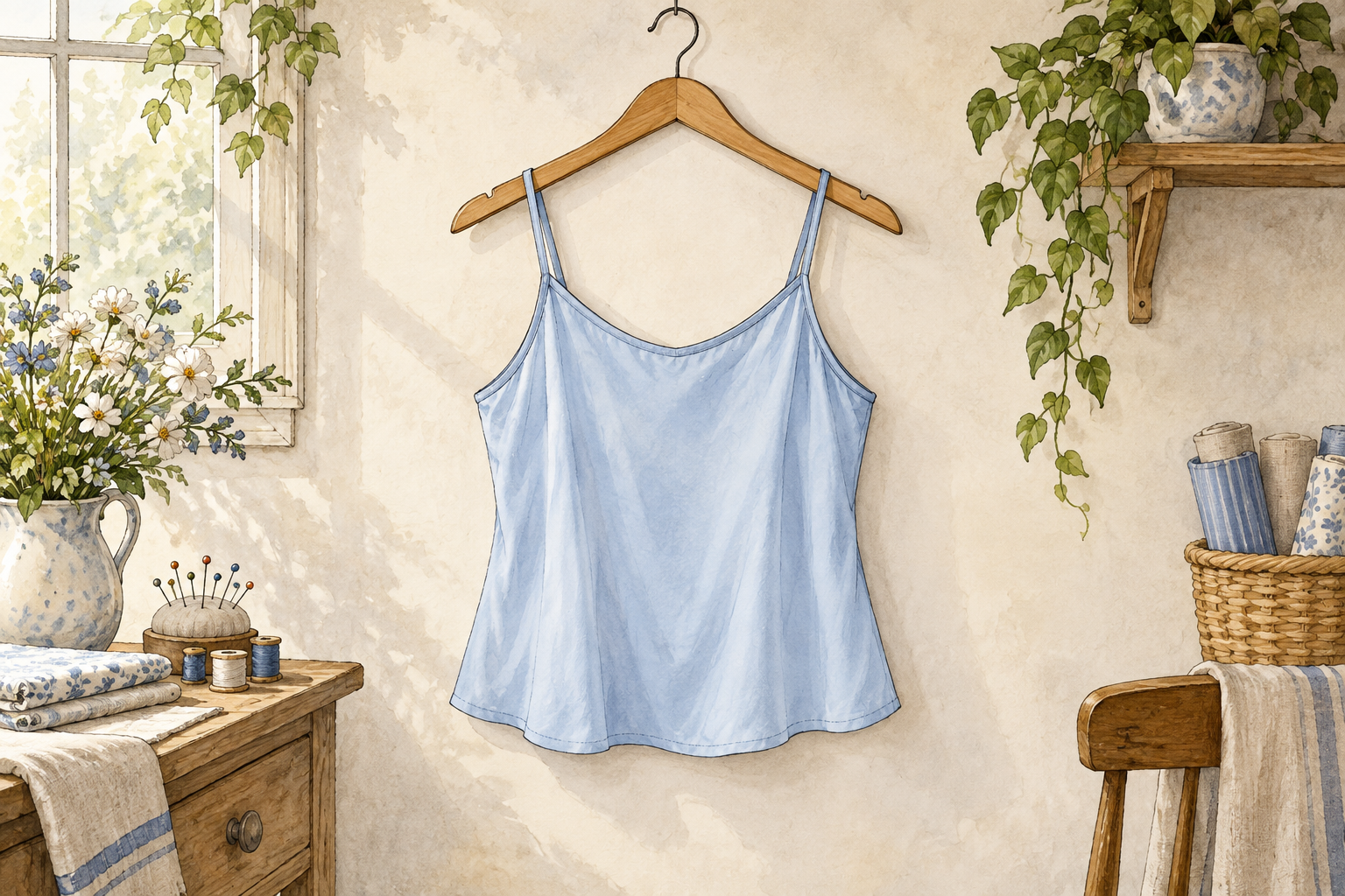 A simple pale blue camisole displayed neatly on a wooden hanger against a softly lit sewing-room wall, clearly showing sleeveless light top construction, two narrow shoulder straps, gentle neckline and waist-length flowing fabric.