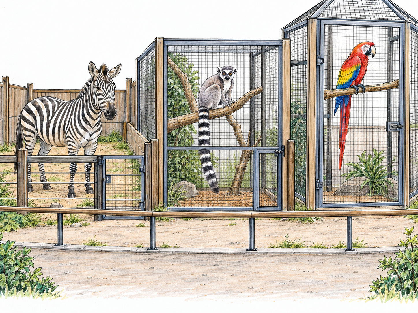 A compact animal-display collection: a zebra, a ring-tailed lemur and a scarlet macaw in three separate adjacent enclosures facing one shared viewing path.