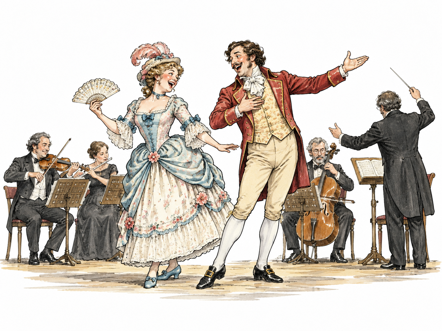 A lighthearted operetta scene with adult singers in playful period costumes and a small orchestra.
