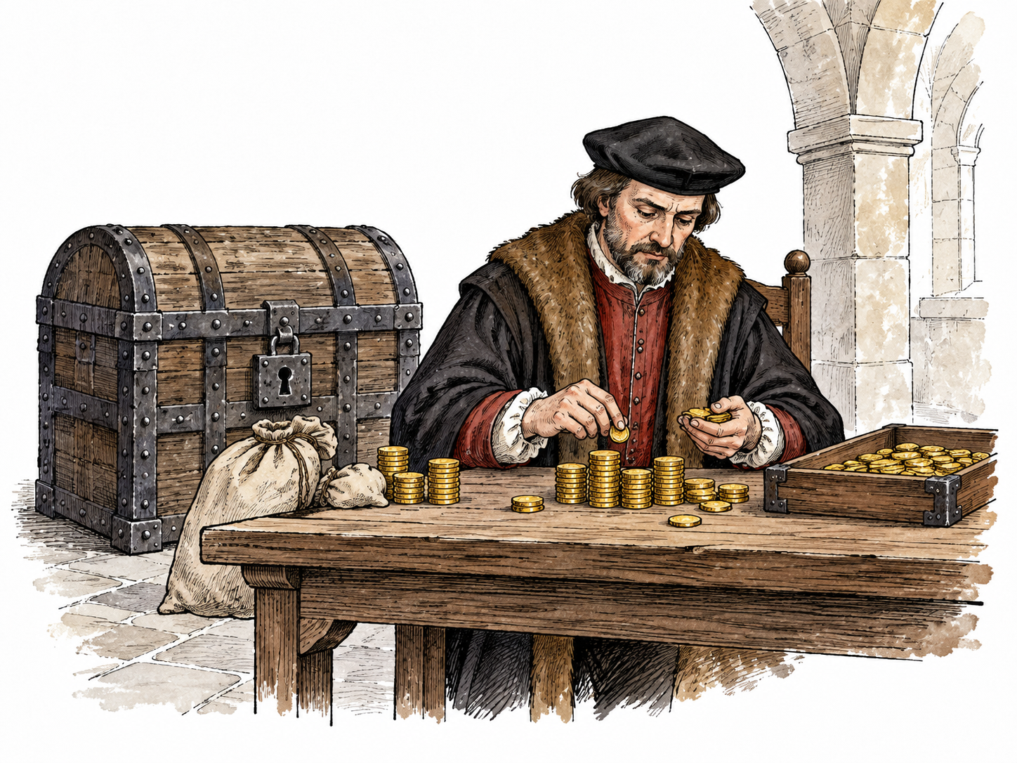 A government treasury chamber with a locked chest of coin reserves and accounting table, an official counts coins, no flags, written documents or text.