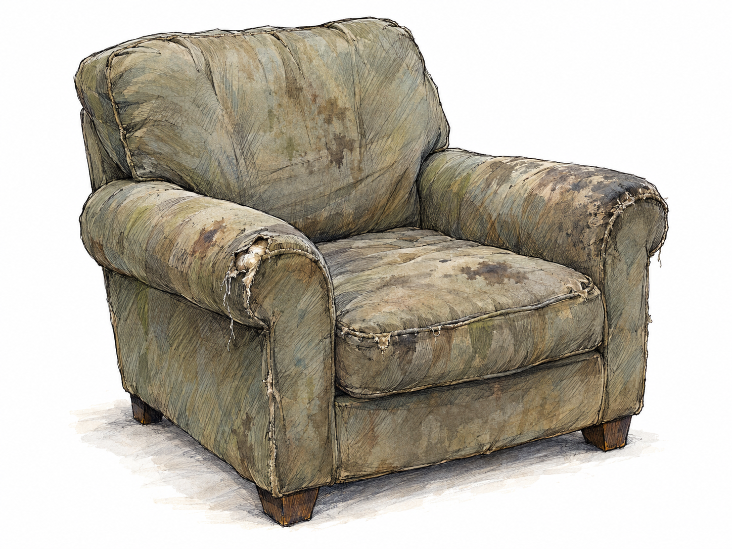 A single shabby upholstered armchair with grimy, faded fabric, darkened armrests, and a small tear exposing stuffing, isolated on white.