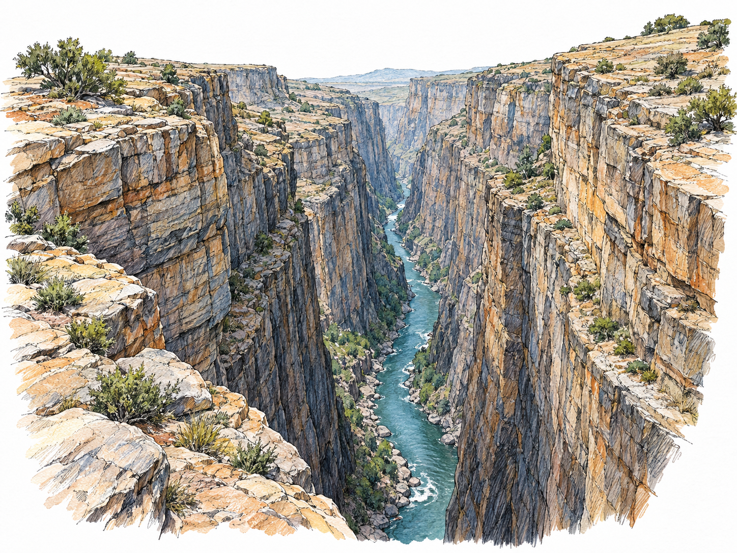 An elevated oblique view into a deep, narrow rocky valley, with closely spaced steep walls and a slender river far below emphasizing its depth.