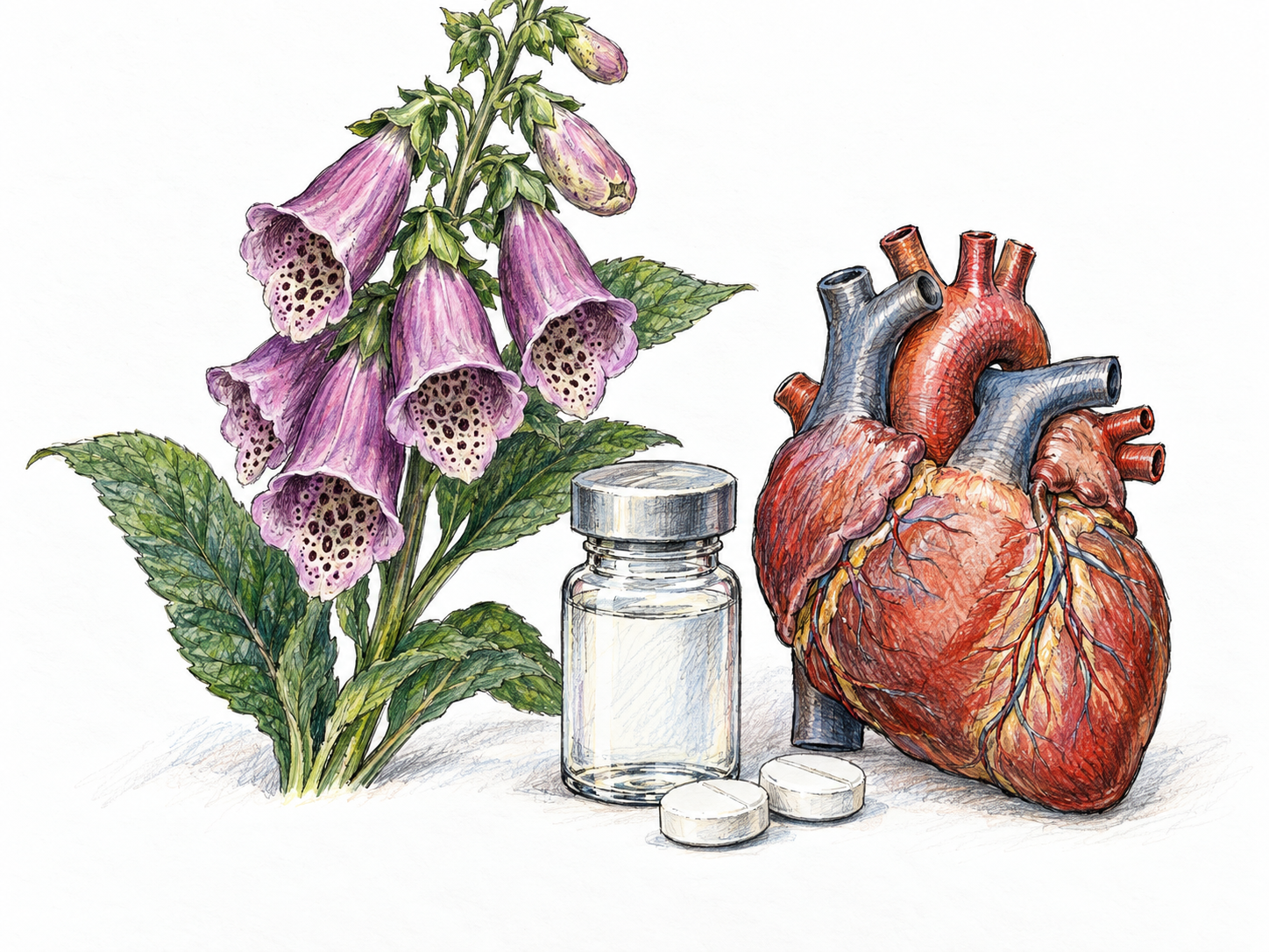 A small unlabelled medicine vial with two tablets beside a simple anatomical heart model, with a separate foxglove flowering stem behind them to indicate the medicine’s botanical source.
