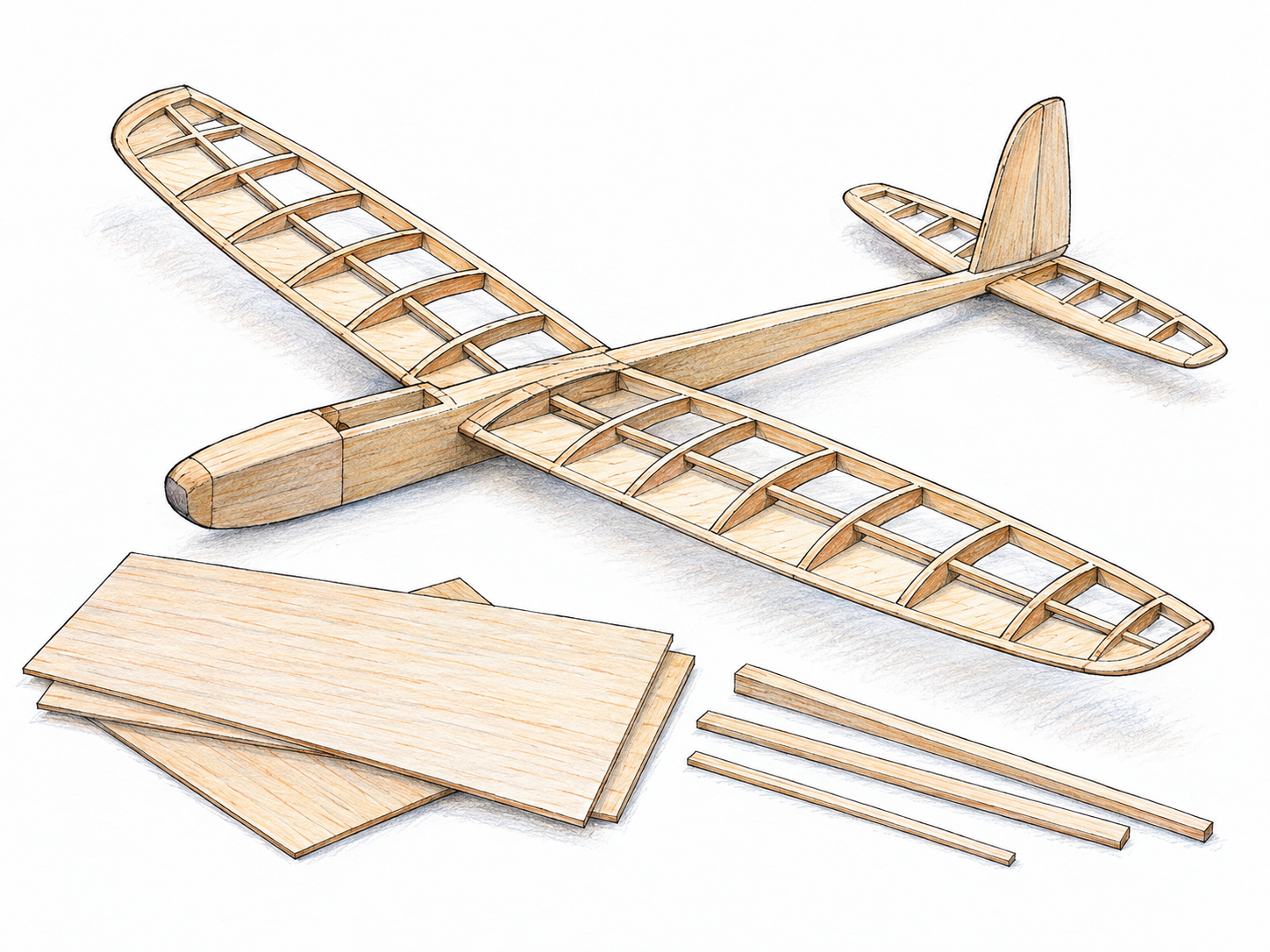 A small unfinished balsa-wood model glider beside several pale, thin balsa sheets and strips, with exposed wood grain and lightweight rib construction clearly visible.