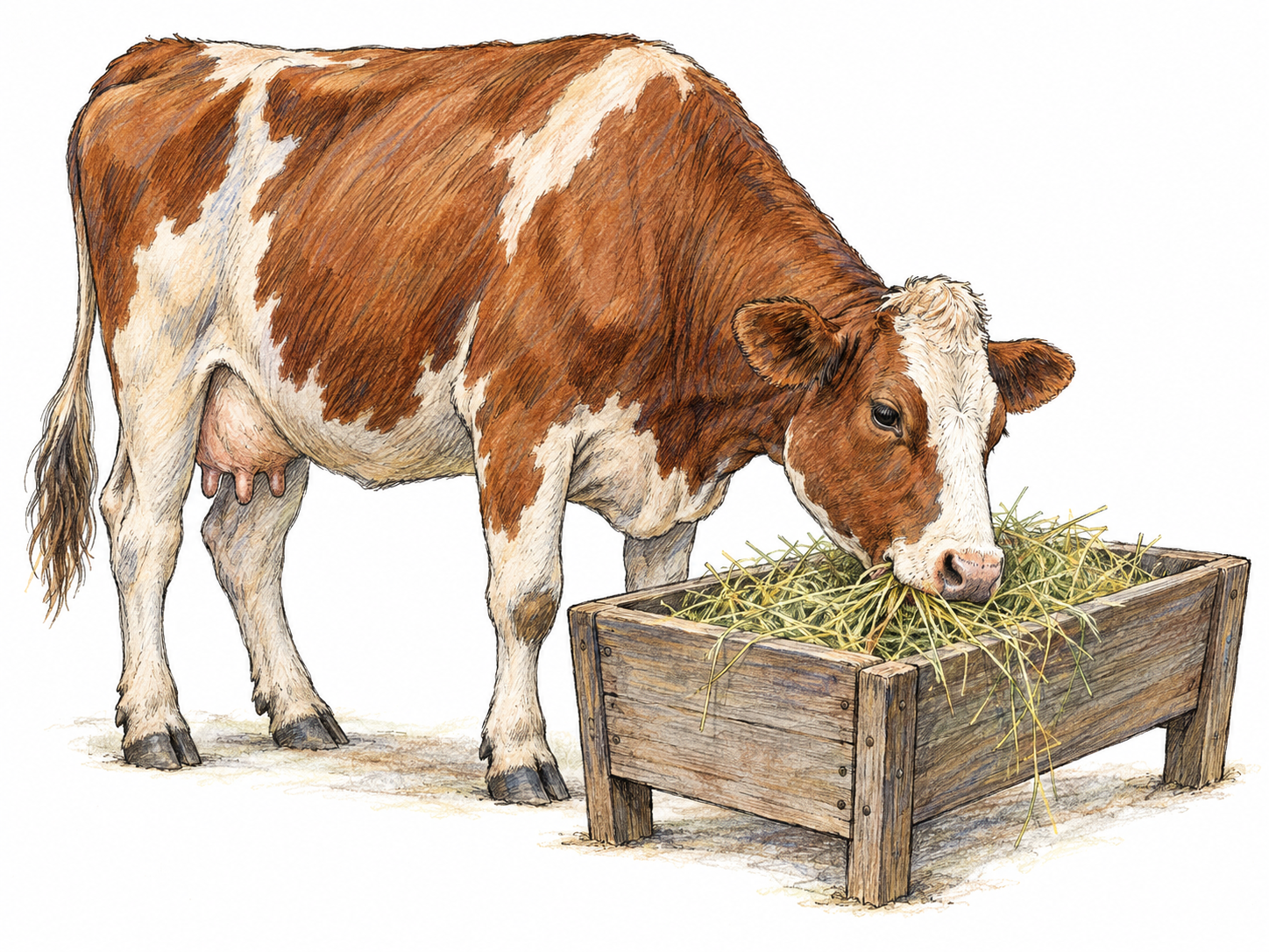 A cow eating loose hay from a simple farm feeding trough, with the bulk animal feed clearly visible.