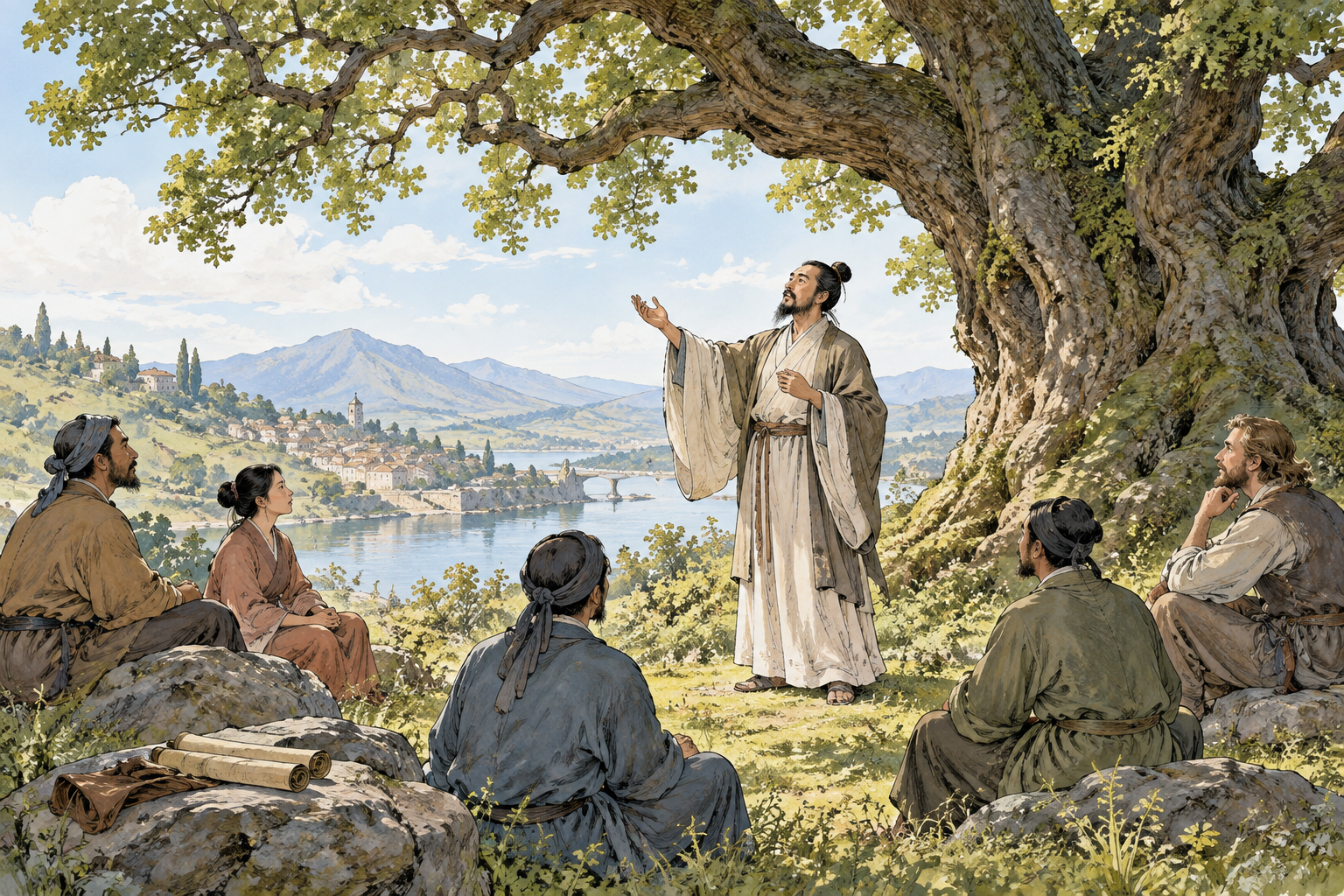 A poet formally recites with heartfelt admiration toward a great old tree while listeners sit quietly, a few unlettered scroll sheets, no poem text.