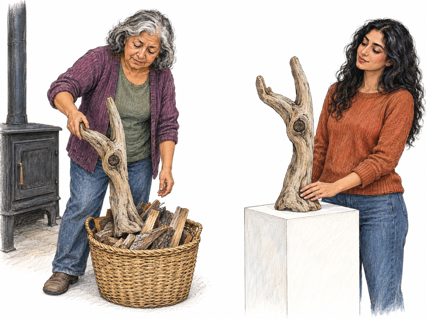 Show two different ways of regarding the same kind of object: one woman considers a naturally sculptural piece of driftwood ordinary firewood, while another considers it a valuable decorative object.