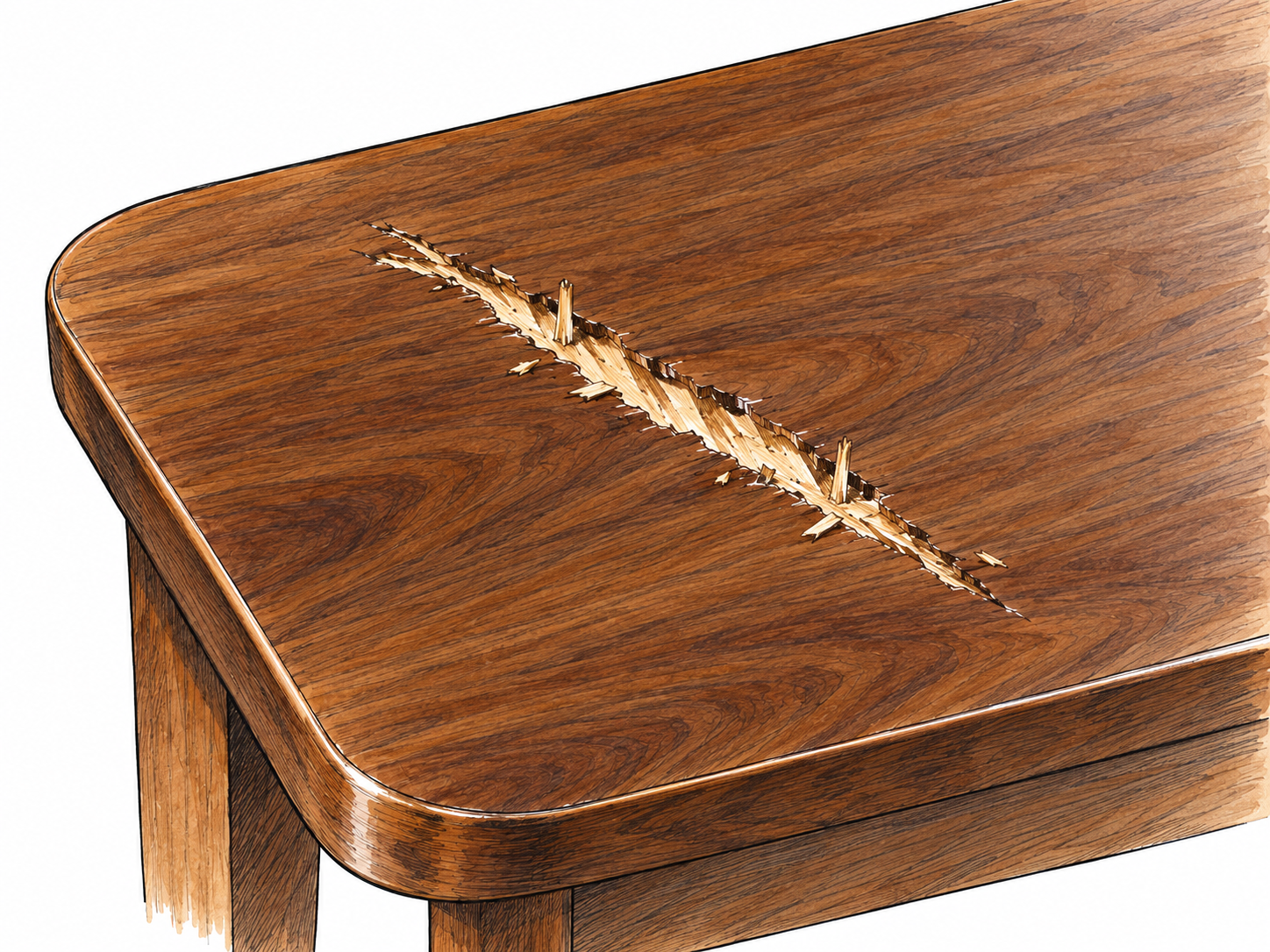 A handsome polished wooden tabletop is marred by one conspicuous, jagged gouge exposing pale raw wood across its otherwise intact finish.