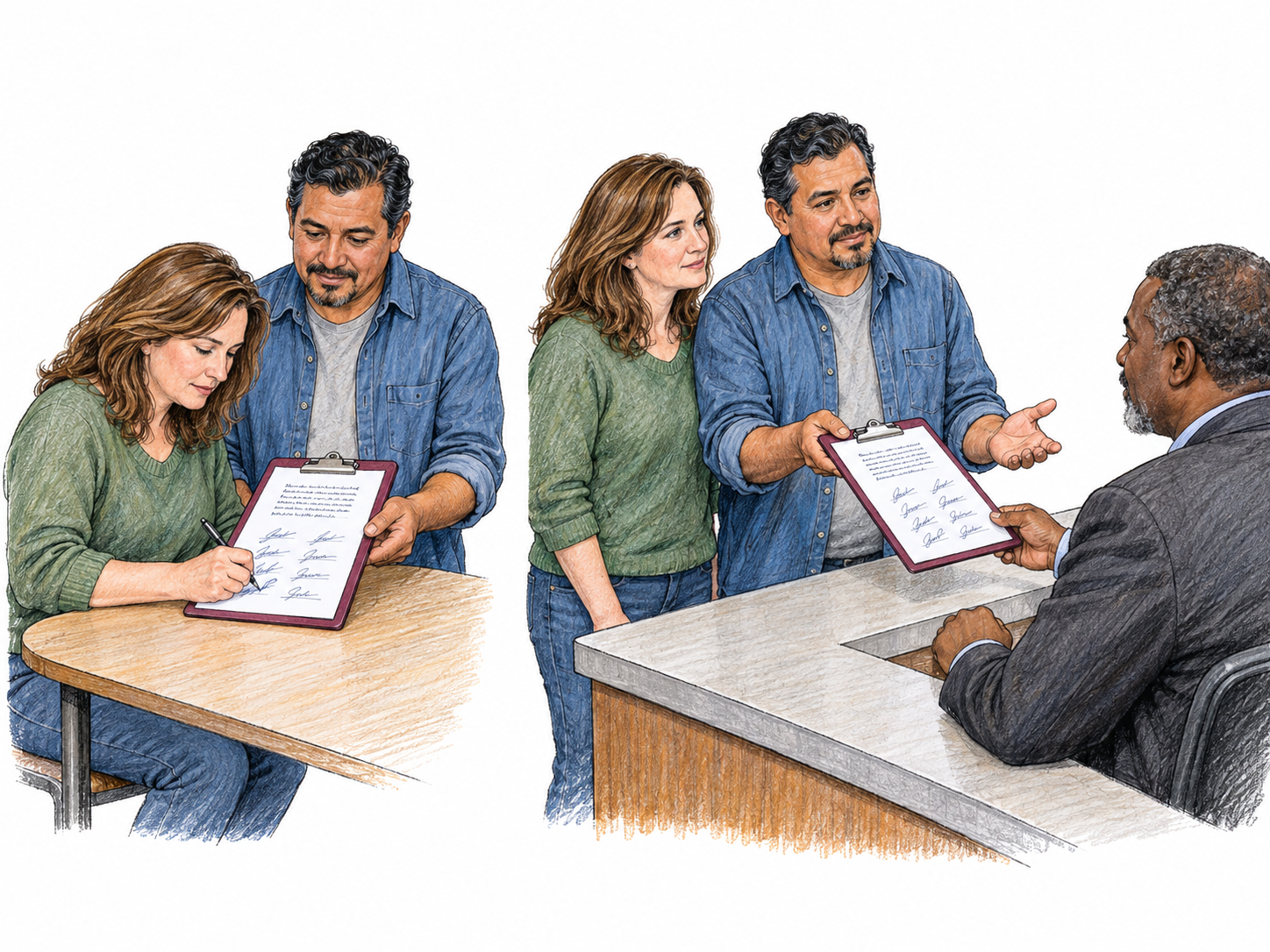 A compact two-stage scene shows supporters signing a shared document and its organizer formally submitting that same signature-filled document to a civic official, with the signer standing beside him in support.