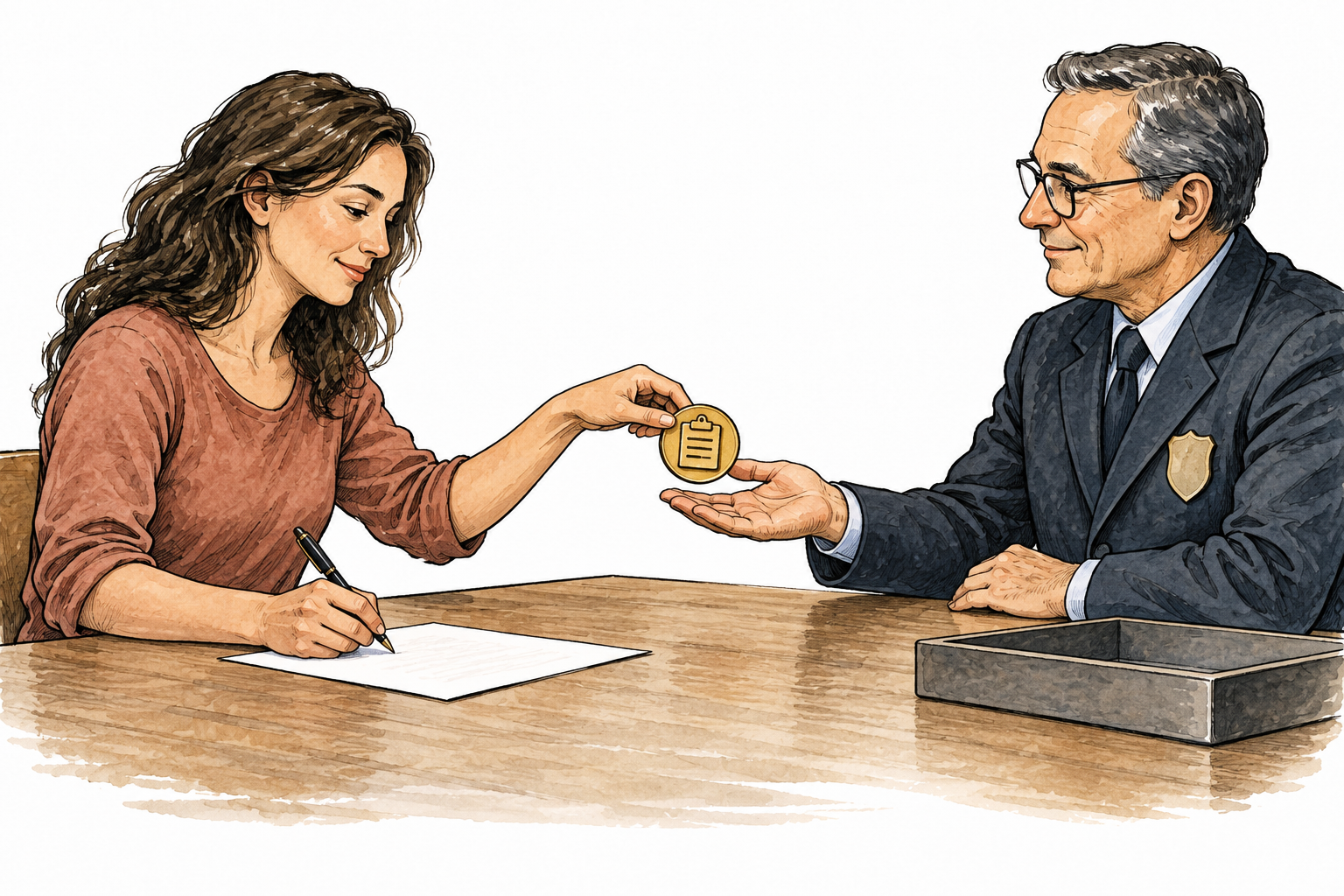 Adult signs a plain form while voluntarily handing back a claim token to an official, relinquishing a claim; no readable words.