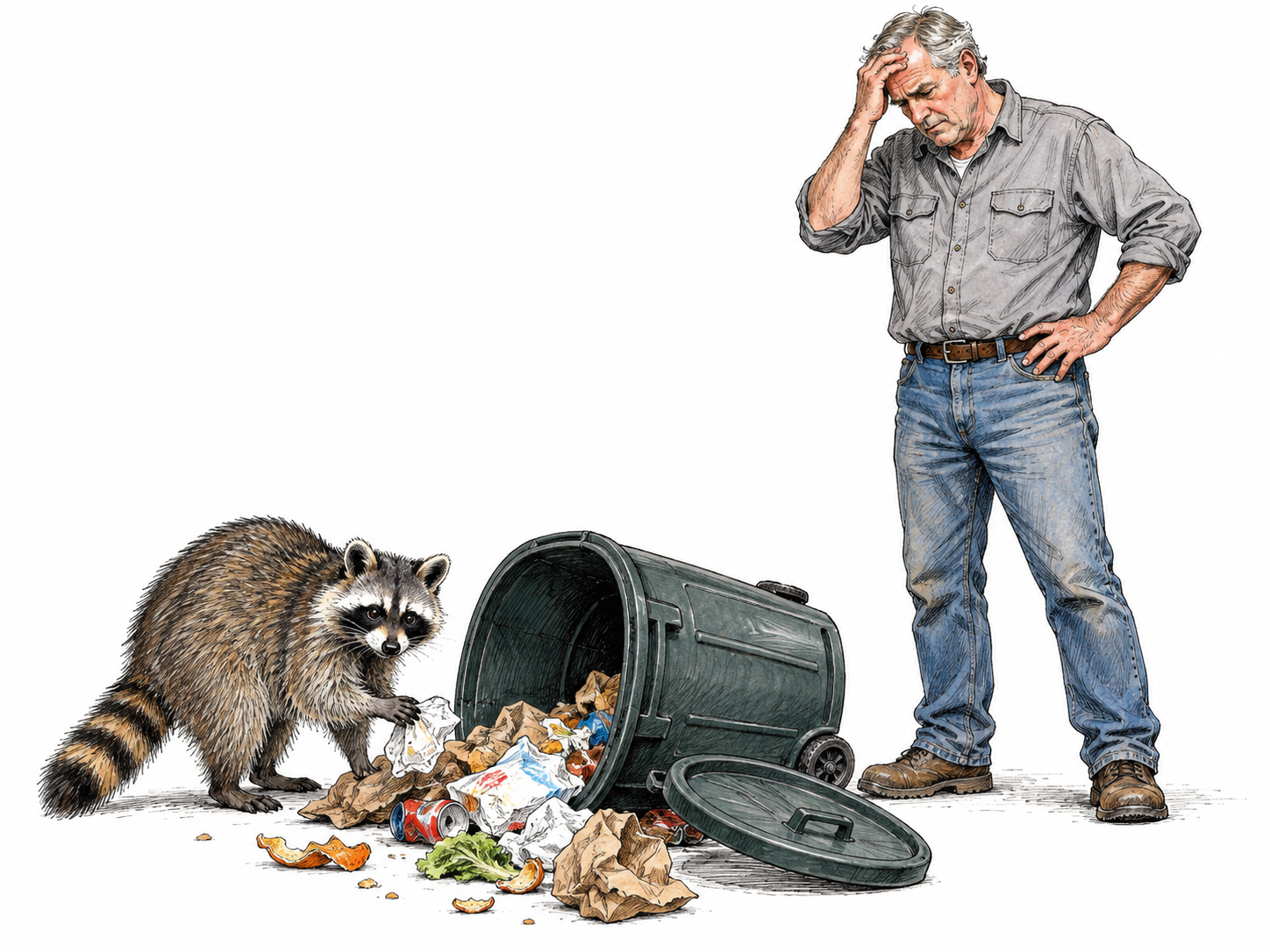 A raccoon has tipped a household trash can and scattered a few scraps while a rural adult looks exasperated; troublesome wild animal sense, no traps, weapons, injury or cruelty.