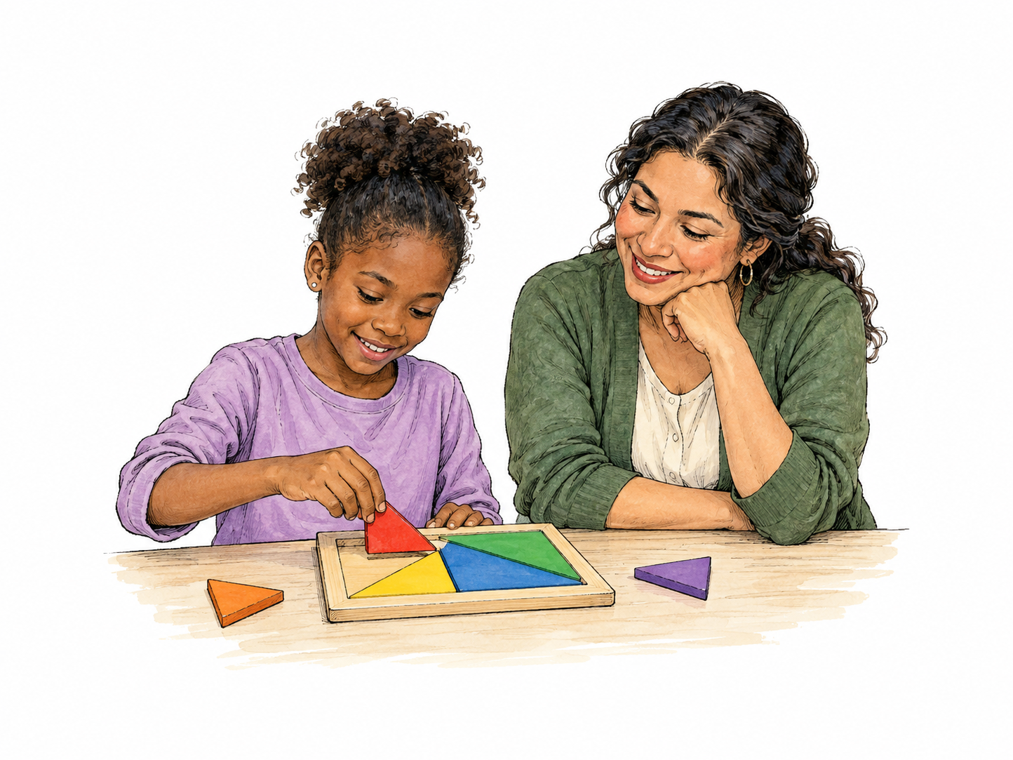 Young learner quickly fits a geometric puzzle piece while teacher watches pleased.