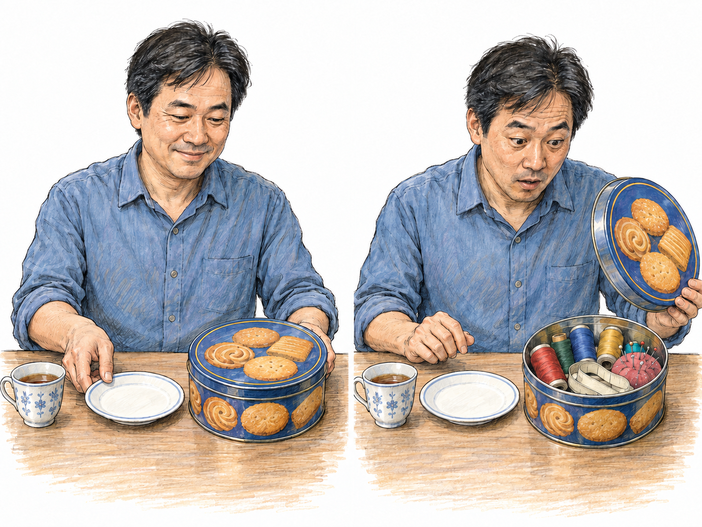 An unopened biscuit tin is taken to contain biscuits because of its pictured contents: a man sets out a serving plate before checking inside, then discovers sewing supplies.