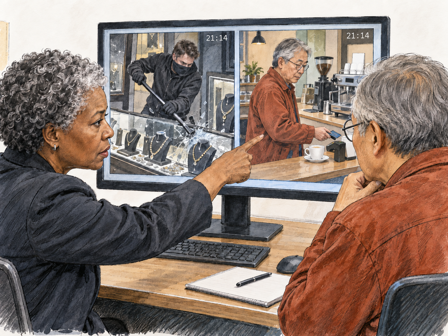 An investigator compares two security-camera stills with identical timestamps: one shows a masked burglar breaking into a jewelry shop, while the other clearly shows the seated suspect elsewhere, paying at a café counter.