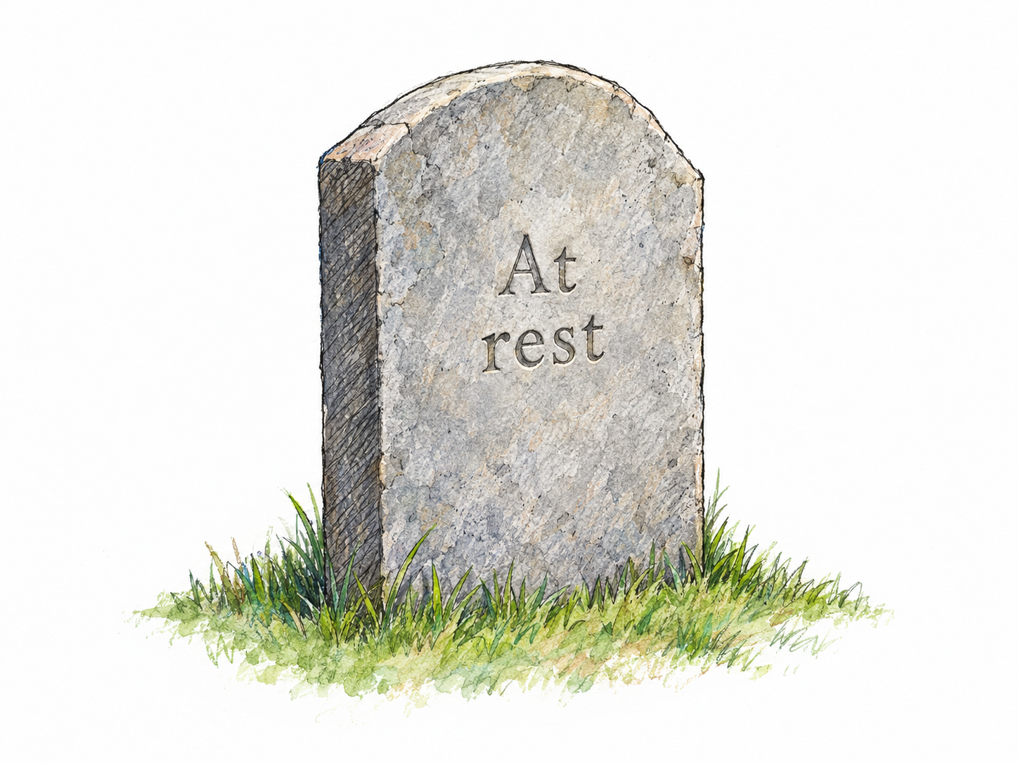 A simple upright tombstone bearing the short inscription “At rest,” with the carved words as the clear focal point and only a small patch of grass at its base.