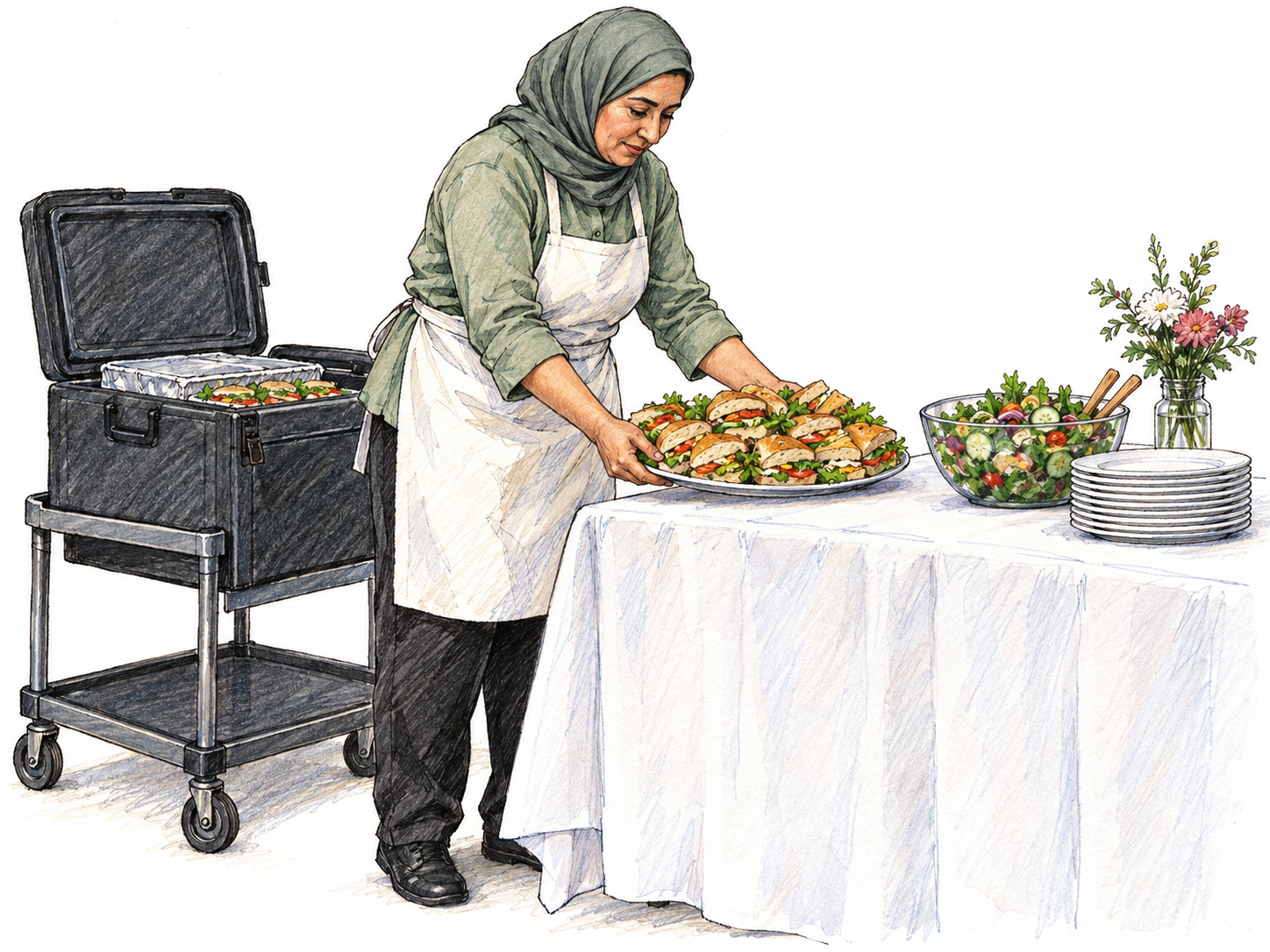 An older caterer sets a platter of prepared food onto a buffet table for an event; an open insulated food carrier and a small stack of plates make the food-supply role clear.