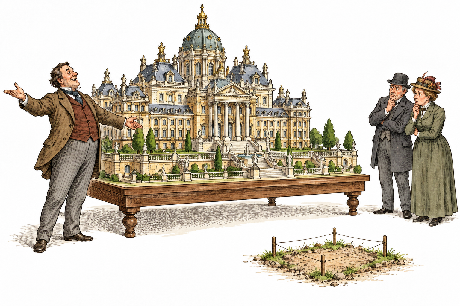 A showy planner proudly presents an absurdly huge palace model dwarfing a tiny available building plot, overambitious unrealistic grandeur.
