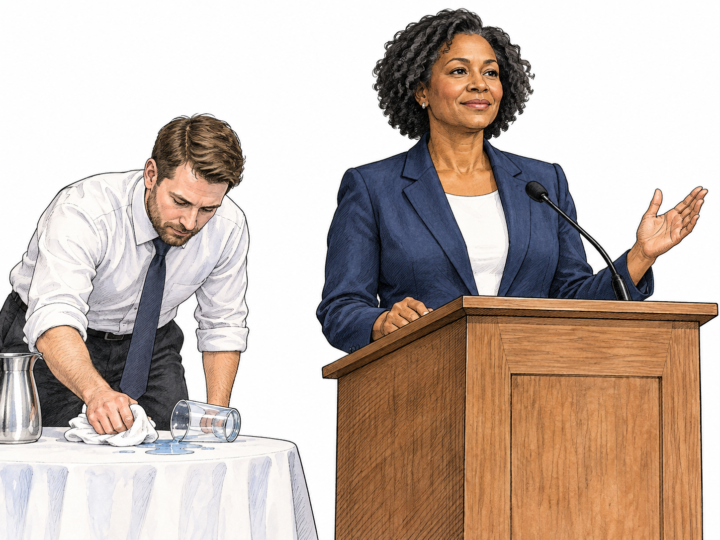 A confident speaker remains relaxed and composed at a lectern while a tipped water glass is being cleared nearby; graceful self-control under a minor interruption.