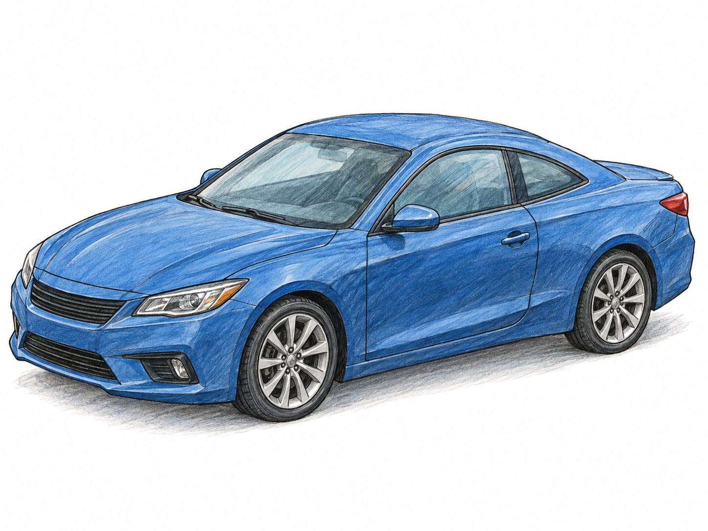 An isolated two-door coupe with a solid fixed roof, shown in a slightly elevated side-dominant three-quarter view.