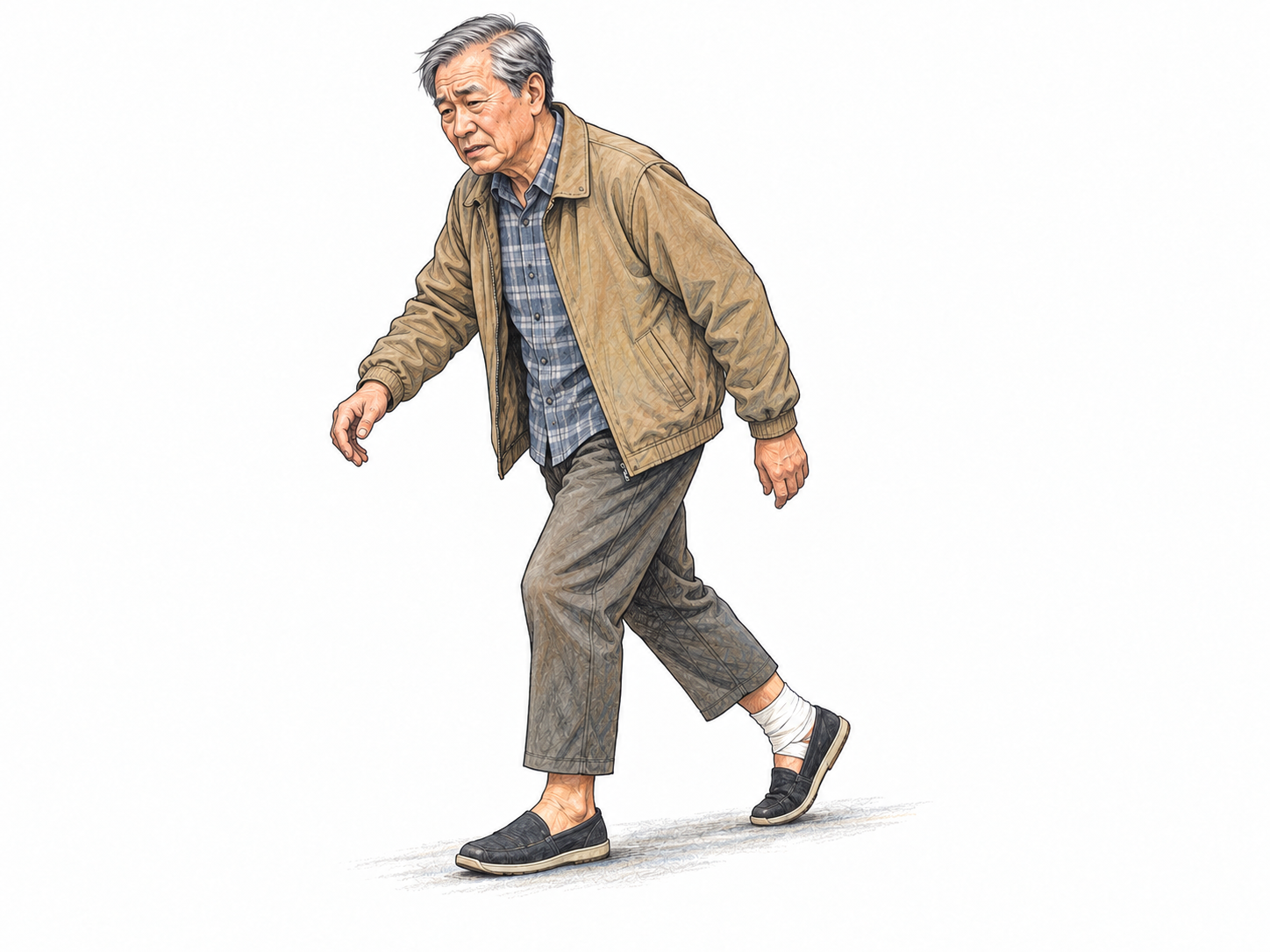 An older man walks with an uneven, protective gait, placing his weight on his sound leg while barely touching the toes of his bandaged ankle to the ground.
