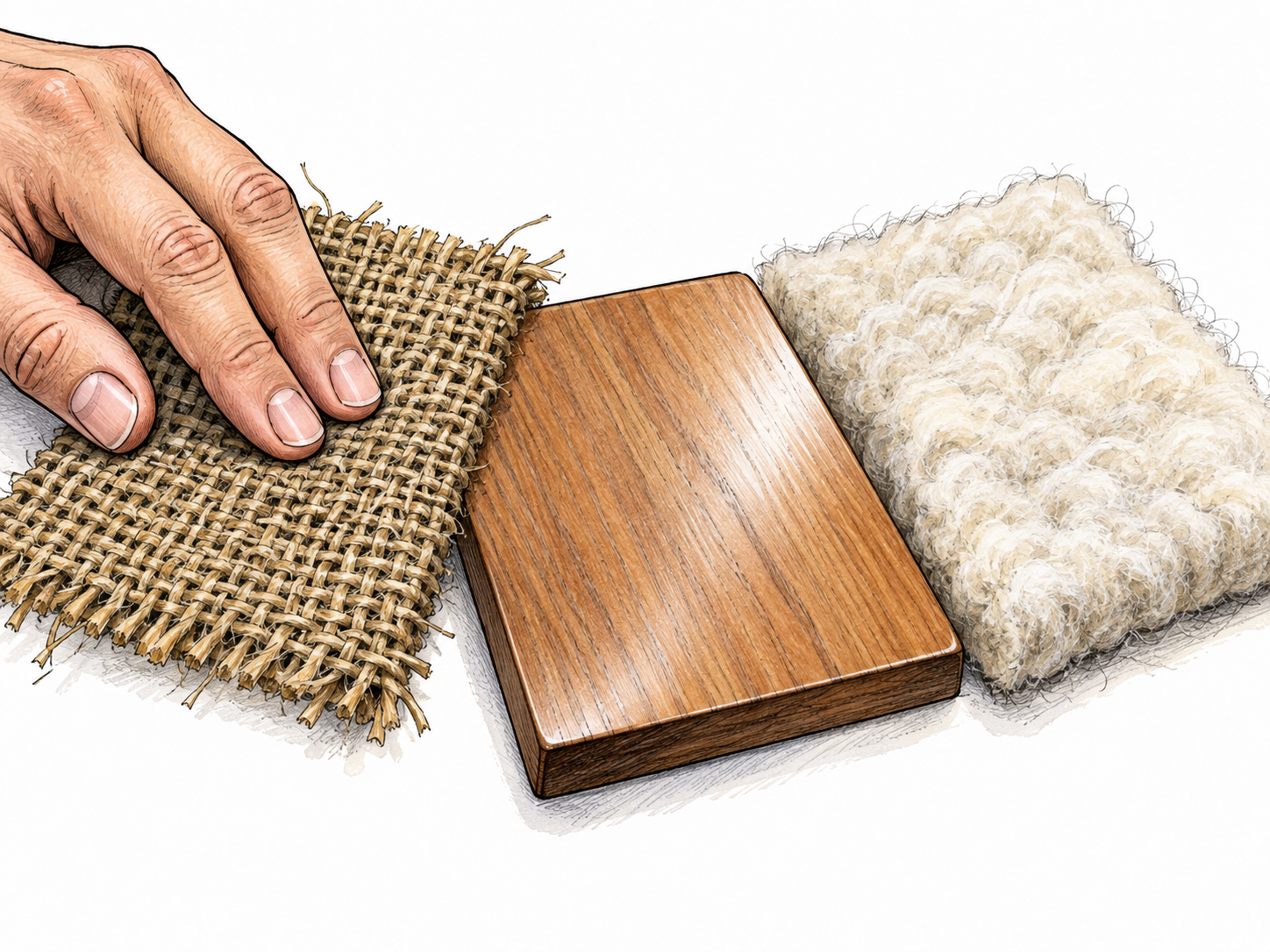 A hand compares three tactile material swatches: rough woven burlap, smooth polished wood, and soft wool.
