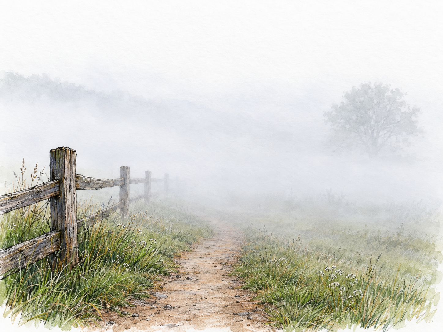 A low bank of dense fog envelops a simple meadow path and fence, with nearby posts clearly visible and successive posts disappearing into pale mist at ground level.