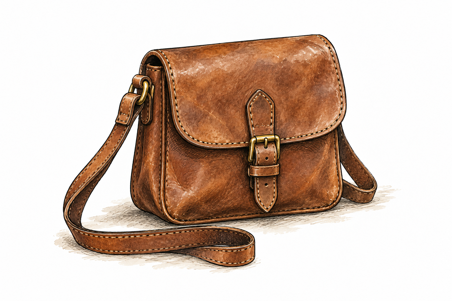 A small leather satchel with shoulder strap and fastening flap.