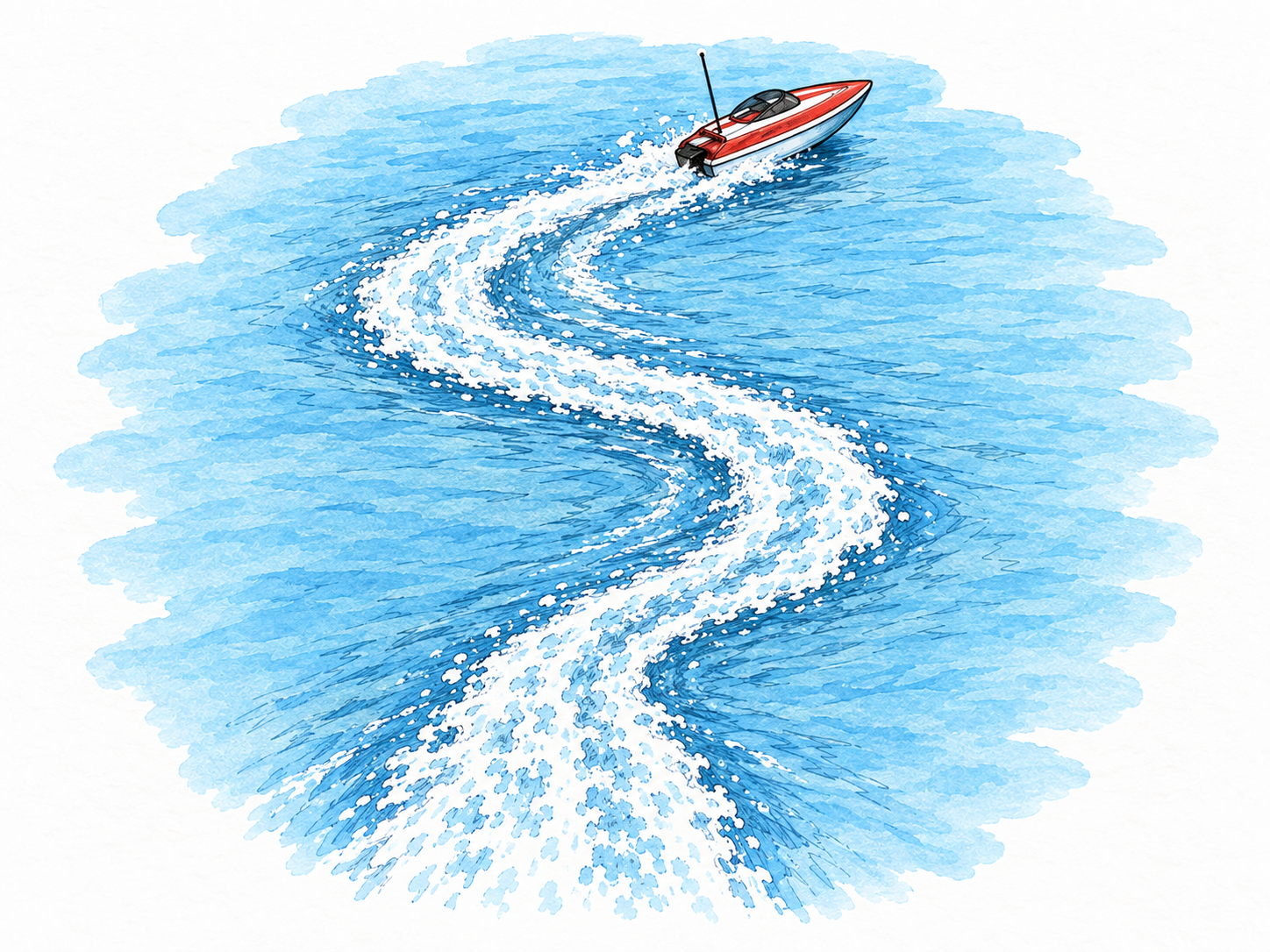 An overhead view of an unmanned model boat whose sinuous wake shows repeated left-right deviations, with its bow currently angled sideways relative to its overall forward course.