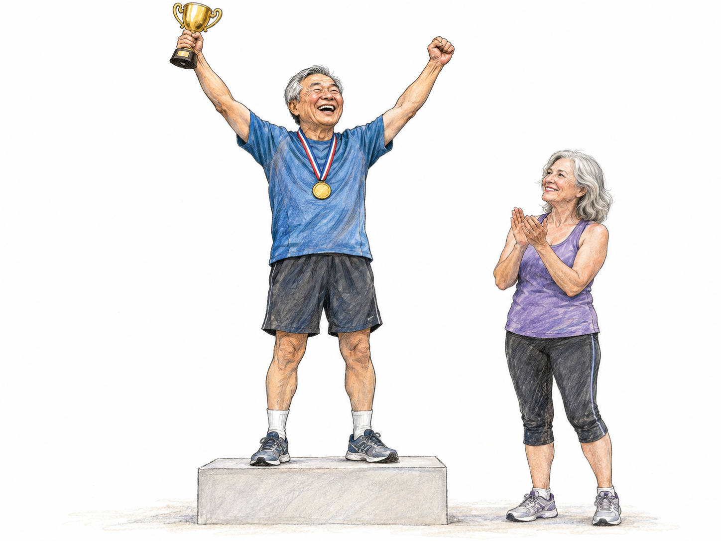 An older amateur athlete on a low winner's podium throws both arms overhead in exuberant triumph, gripping a trophy, his face lit by a broad open-mouthed smile.