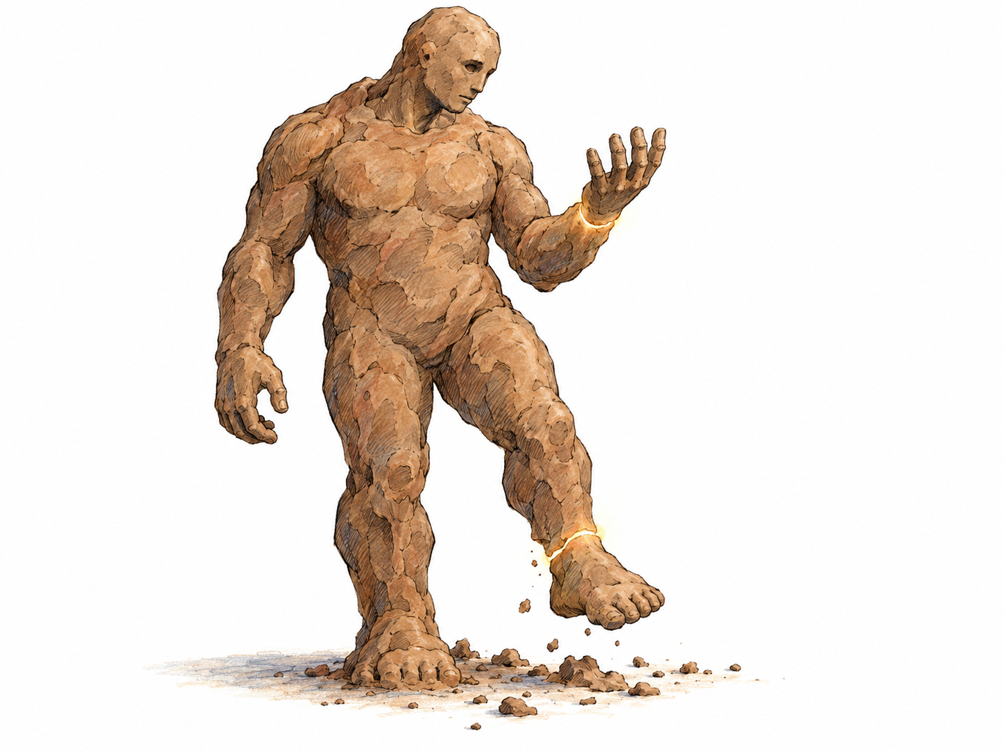 A human-shaped clay golem awakens, lifting one heavy foot from a low earthen base and opening its roughly sculpted hand.