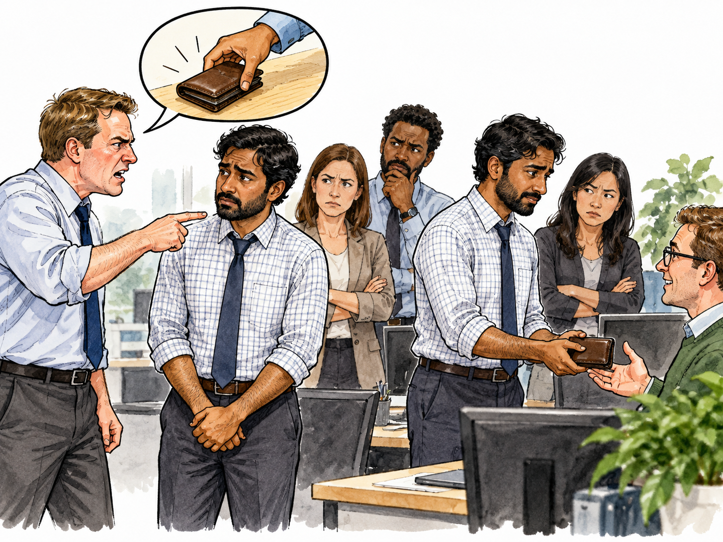 A white male office worker falsely accuses a South Asian male colleague of taking a wallet, using a picture-only theft bubble.