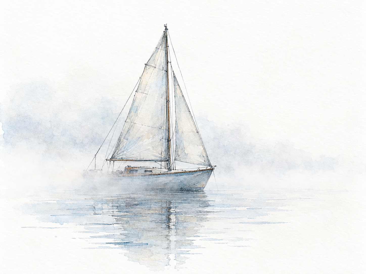 A small sailboat remains recognizable through light mist: its triangular sail, upright mast, and curved hull are faint but clearly distinguishable against the pale water and fog.