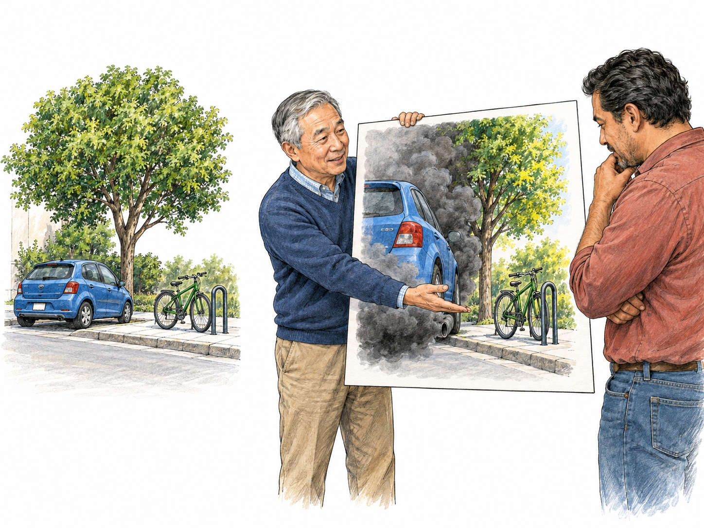 A tendentious visual presentation promotes cycling by portraying bicycles as uniformly pleasant and cars as uniformly destructive, visibly distorting a more balanced street scene.