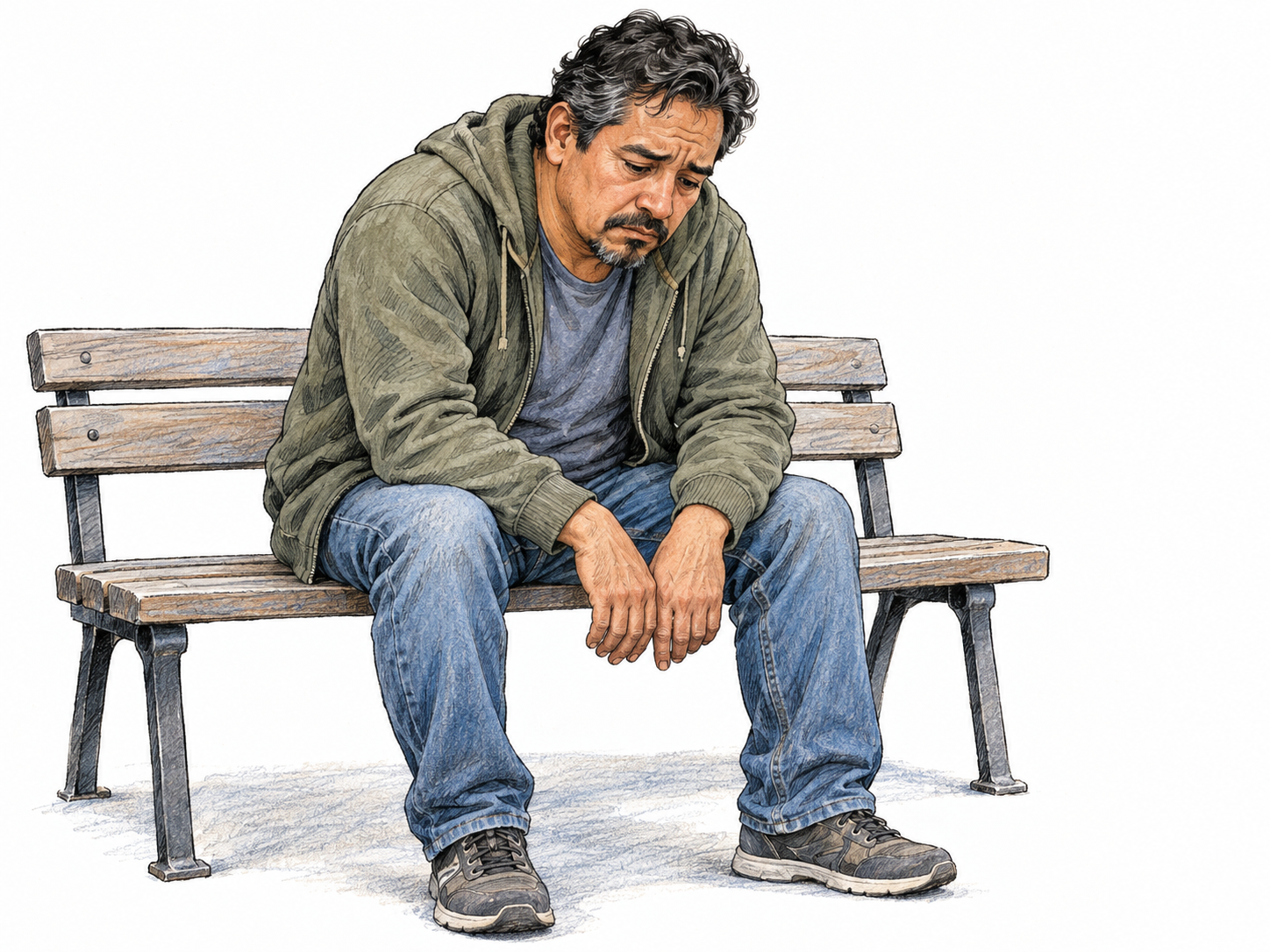 A middle-aged man sits slumped on a plain bench, shoulders drooping, hands hanging loosely between his knees, and gaze lowered.