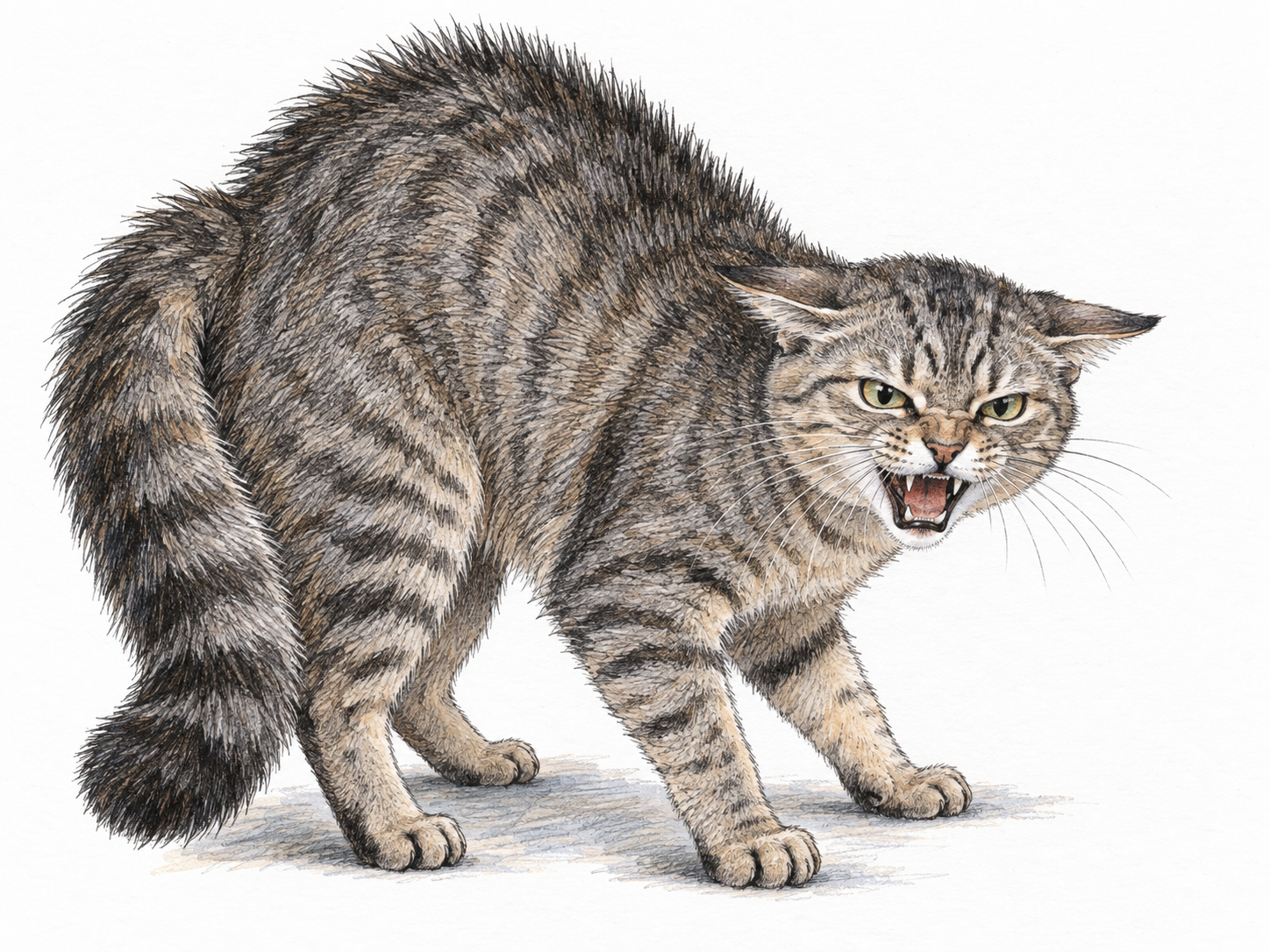 A defensive cat caught mid-hiss: flattened ears, wrinkled muzzle, exposed teeth, low tongue, arched back, and puffed tail reinforce the recognizable hissing sound rather than an ordinary meow.