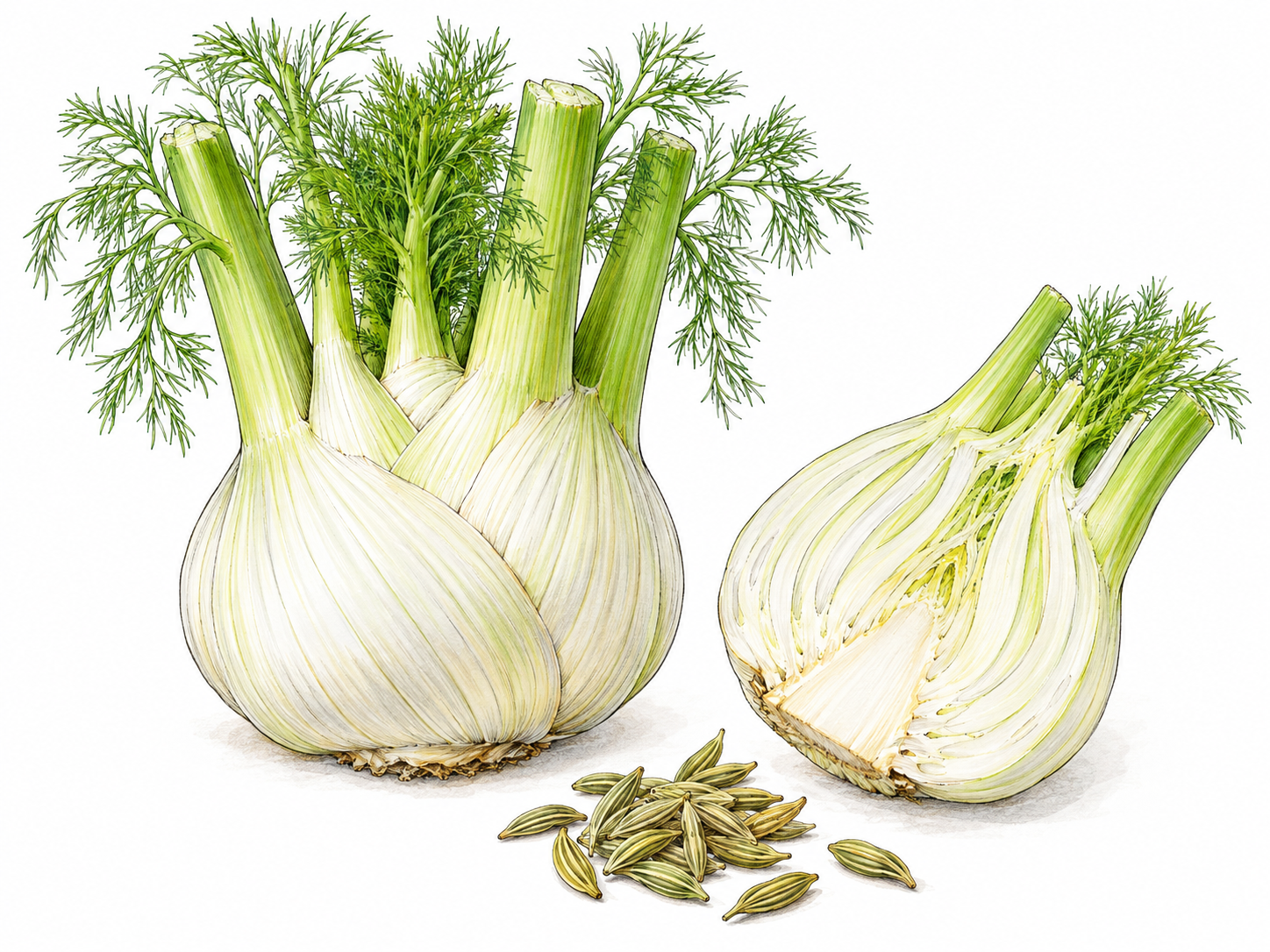 A botanical food still life of fresh fennel: its pale layered bulb, green stalks and fine feathery fronds, accompanied by a cut bulb half and a small cluster of ribbed fennel seeds.