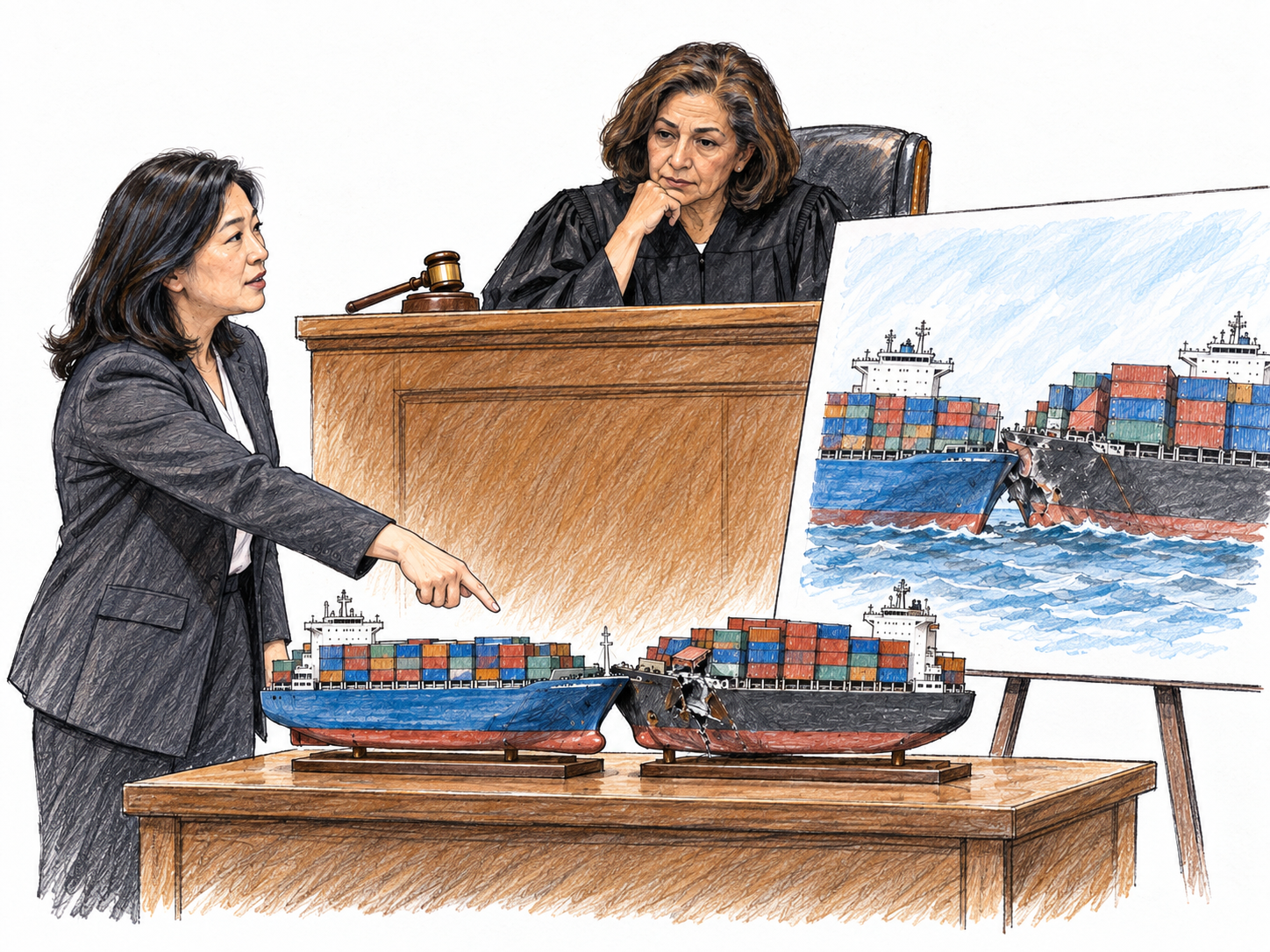 A maritime collision dispute being heard in court.