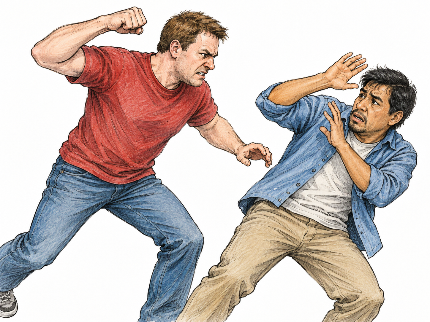 An unarmed attacker lunges with a raised fist toward a man backing away and shielding his head; imminent assault without contact injuries, blood or weapons, plainly condemnatory.
