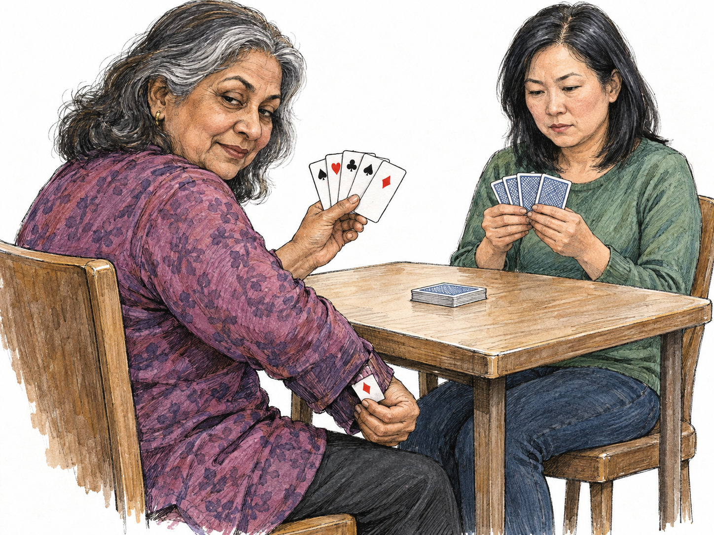 During a card game, a player secretly draws an extra card from her sleeve below the table while presenting her ordinary hand above it.