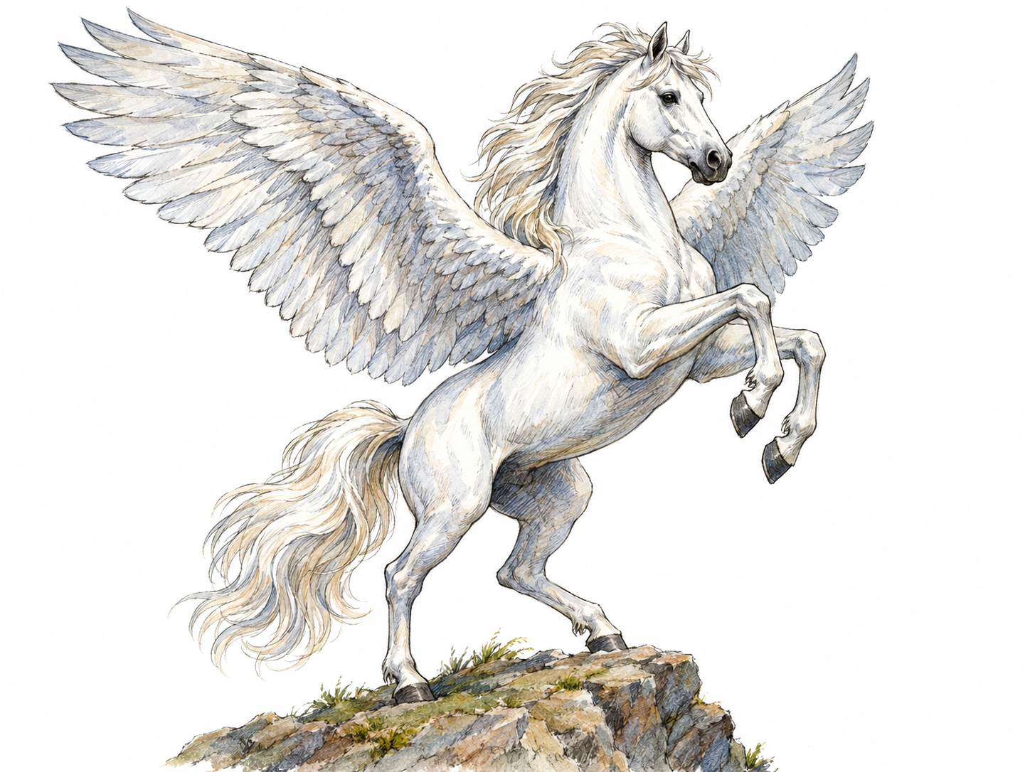 Pegasus, the winged horse of Greek mythology, rears on a small rocky ledge with broad feathered wings spread, making a traditional mythological being the unmistakable focus.