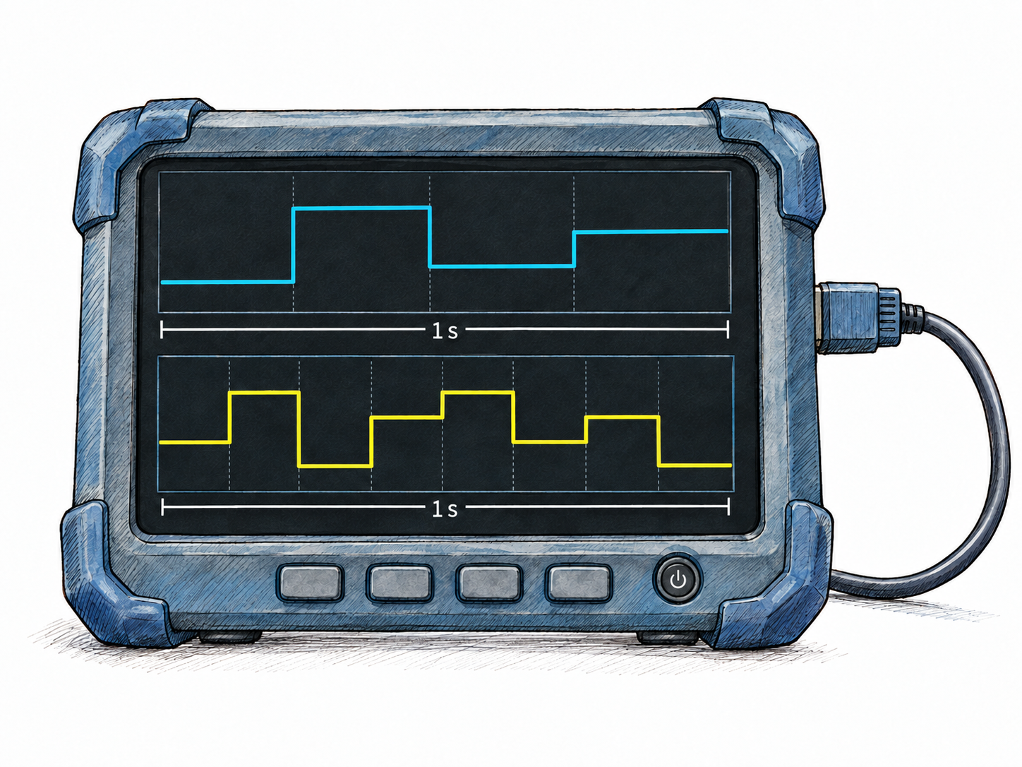A compact data-link analyzer compares two nonperiodic, multilevel digital signals over equal one-second windows: four signal-state intervals above and eight below.