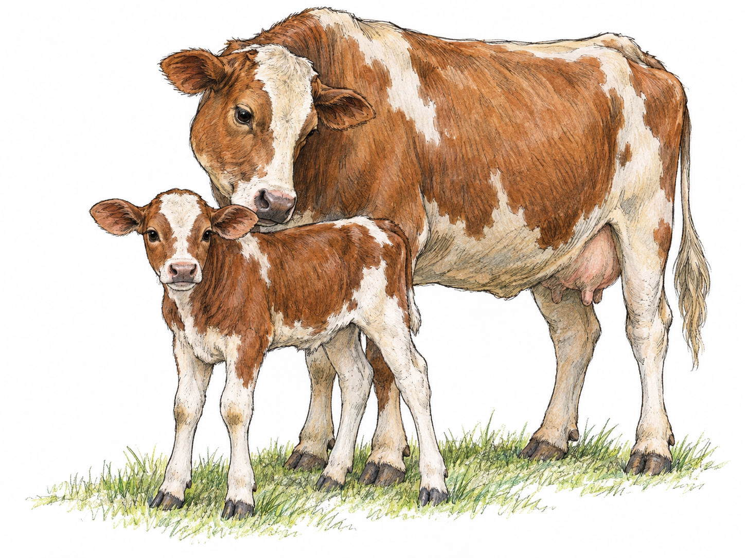 A young bovine calf standing beside its much larger mother, with juvenile proportions and the size contrast making its youth immediately recognizable.
