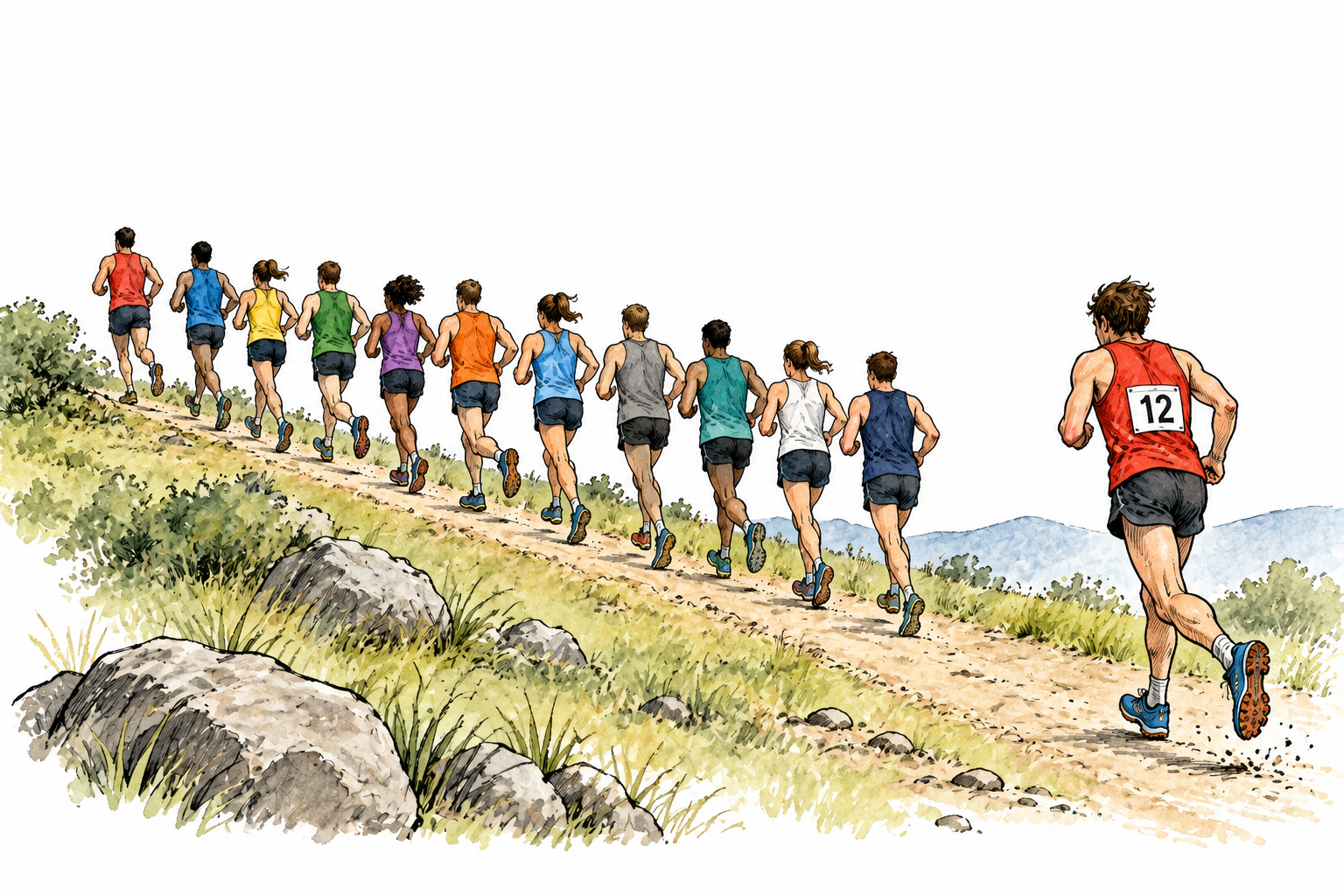 Twelve runners in single file, final runner highlighted by brighter shirt and small essential bib '12'; eleven clearly ahead, no other text.